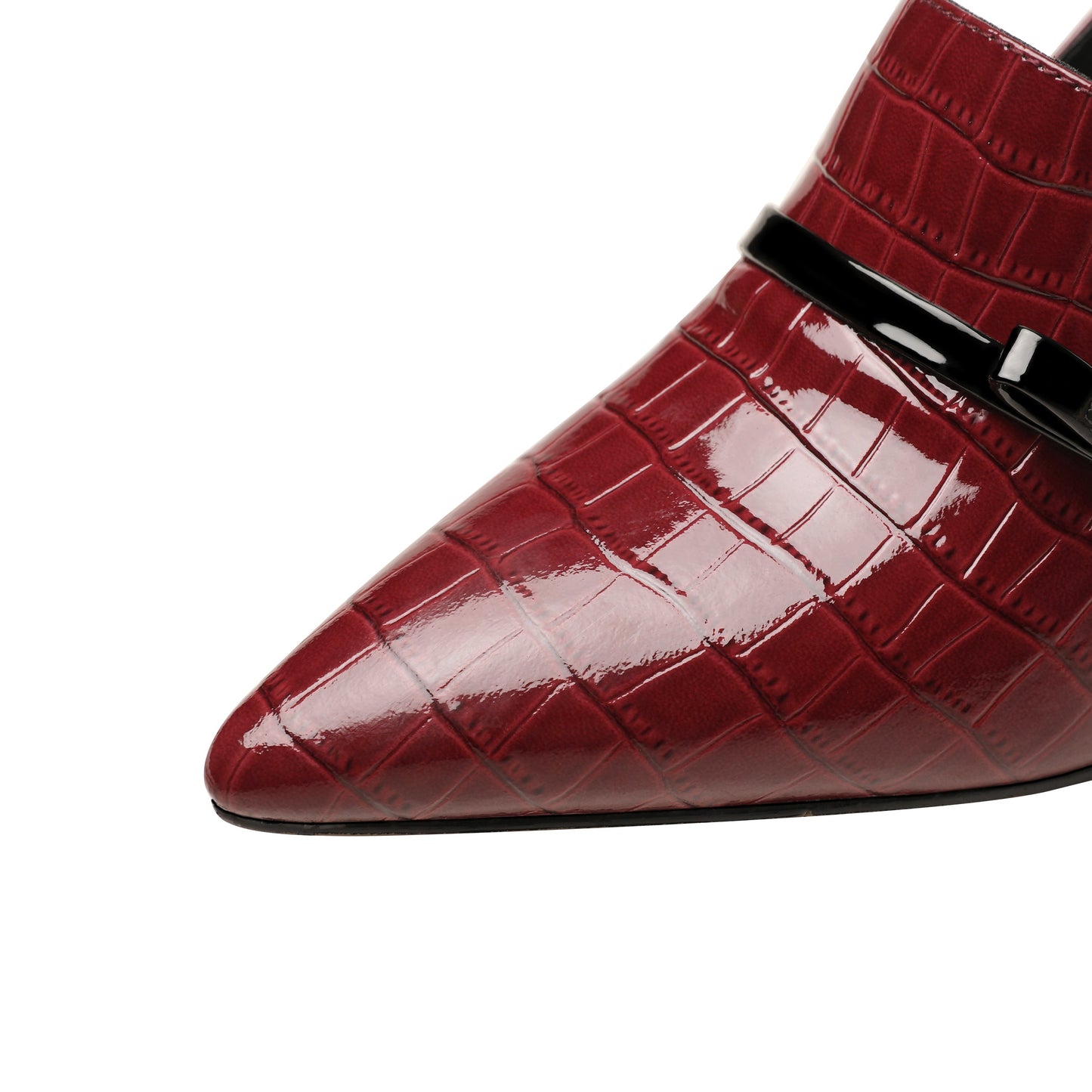 Nine Seven Embossed Patent Leather Handmade Women's Mid Spool Heel Pointed Toe Slip On Modern Pump Shoes with Bowtie