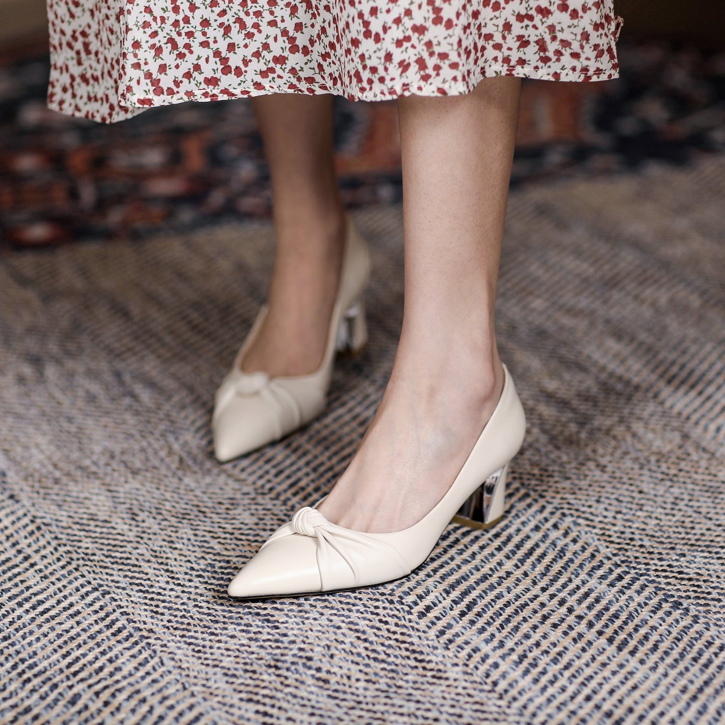 Nine Seven Women's Genuine Leather Pointed Toe Handmade Knot Décor Mid Chunky Heels Elegant Pumps Shoes