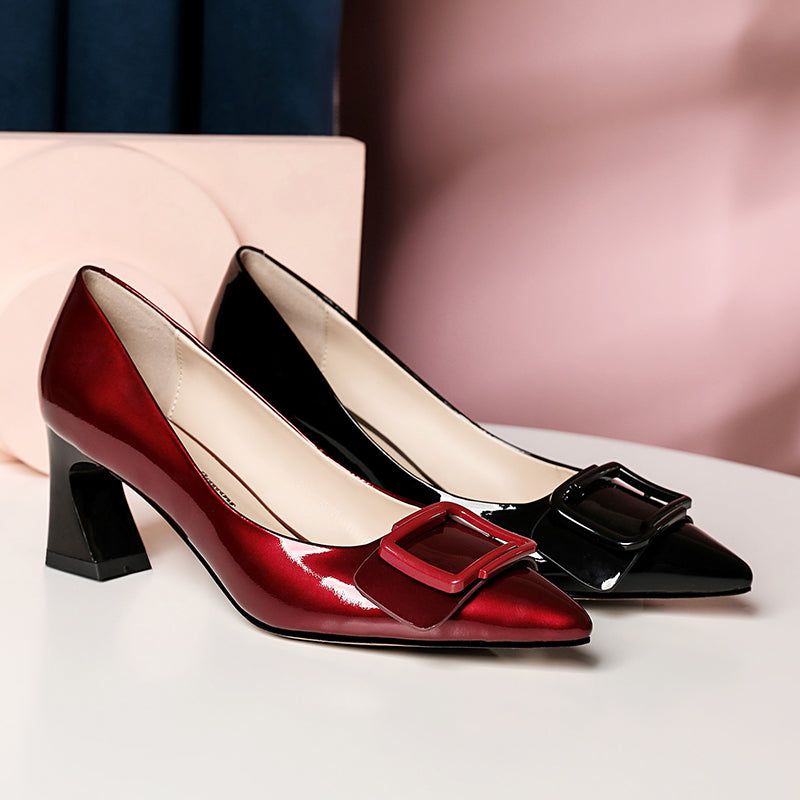 Nine Seven Handmade Women's Clossy Patent Leather Mid Spool Heel Pointed Toe Slip On Modern Pumps with Square Buckle Pattern
