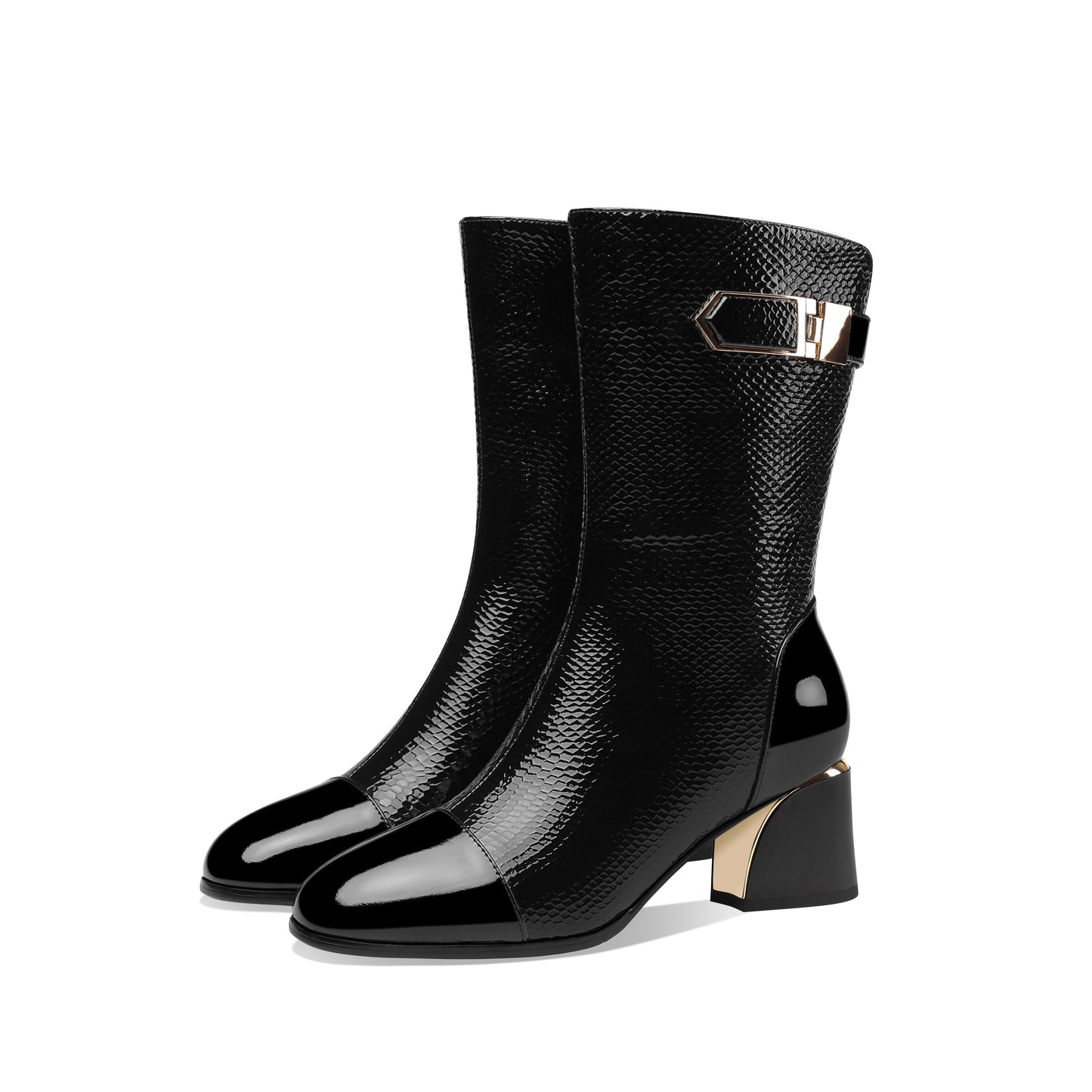 Nine Seven Handmade Women's Patent Leather Side Zip Up Block Heel Cap-Toe Black Mid-Calf Boots with Chic Metal Pattern
