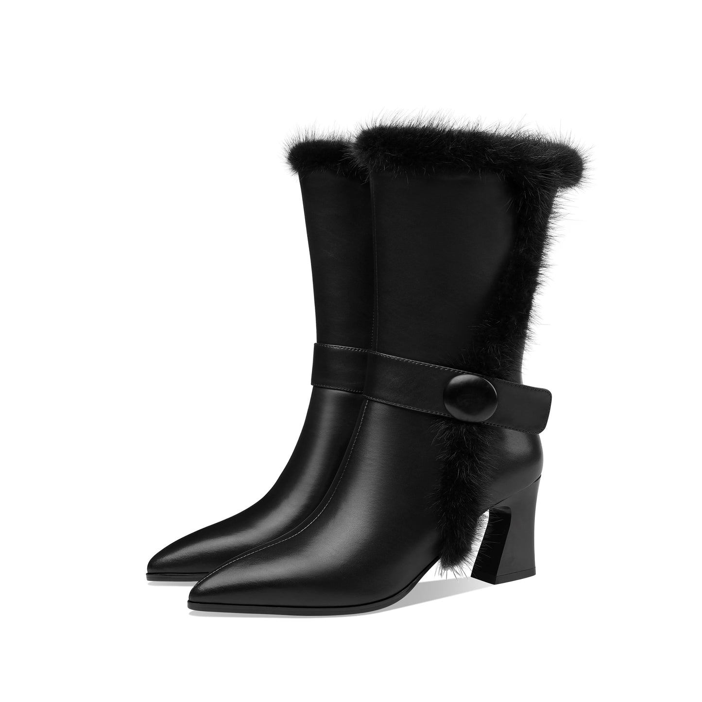 Nine Seven Handmade Women's Genuine Leather Spool Heel Side Zip Up Black Mid-Calf Boots with Fur And Chic Belt