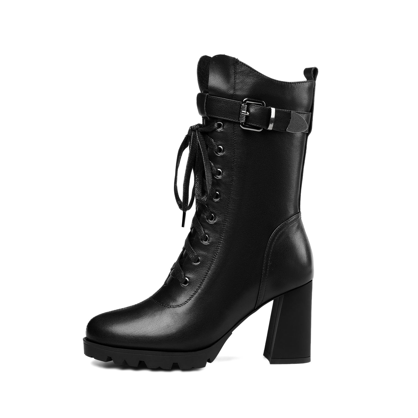 Nine Seven Women's Round Toe Genuine Leather Selftie Zip Up Hnadmade High Chunky Heels Boots with Buckle
