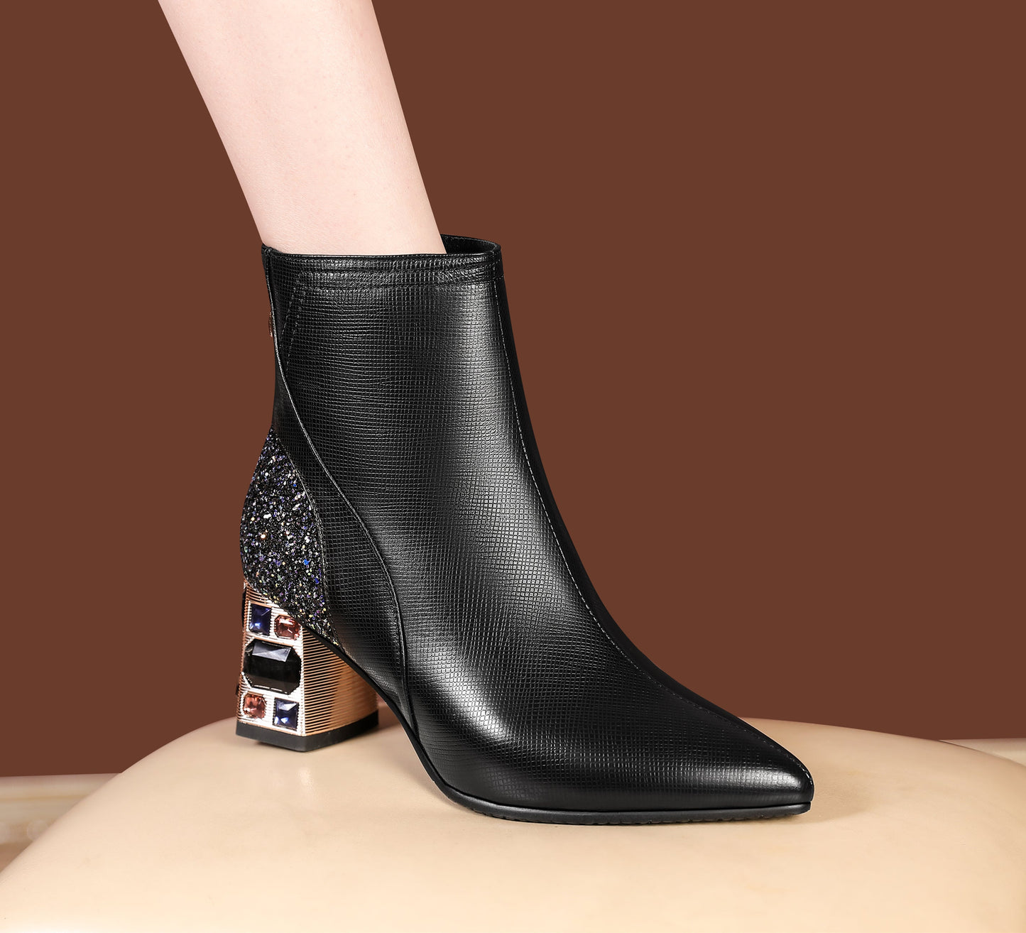 Nine Seven Women's Handmade Genuine Leather Clear Pointed Toe Crystal Chunky Heel Back Zip Up Graceful Ankle Boots