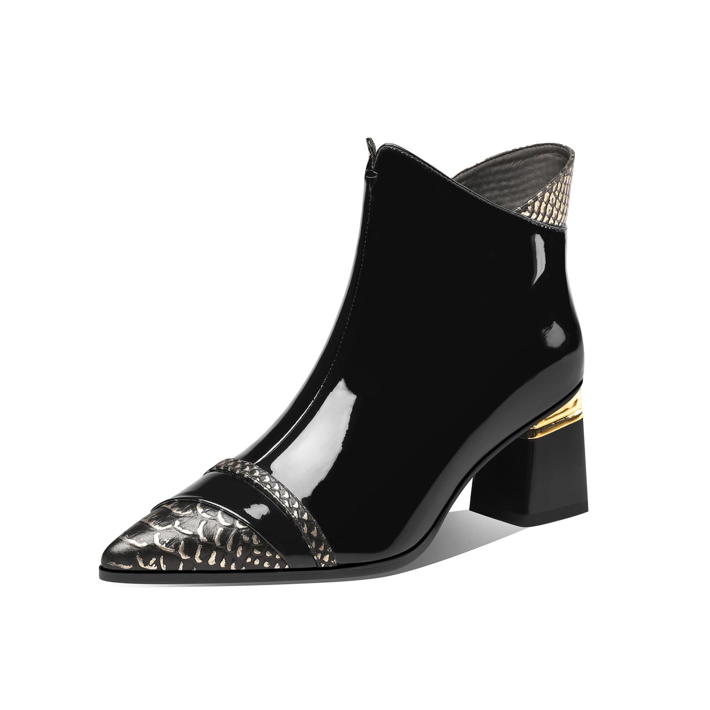 Nine Seven Glossy Patent Leather Women's Handmade Block Heel Pointed Toe Side Zip Up Snakeskin Ankle Dressy Boots