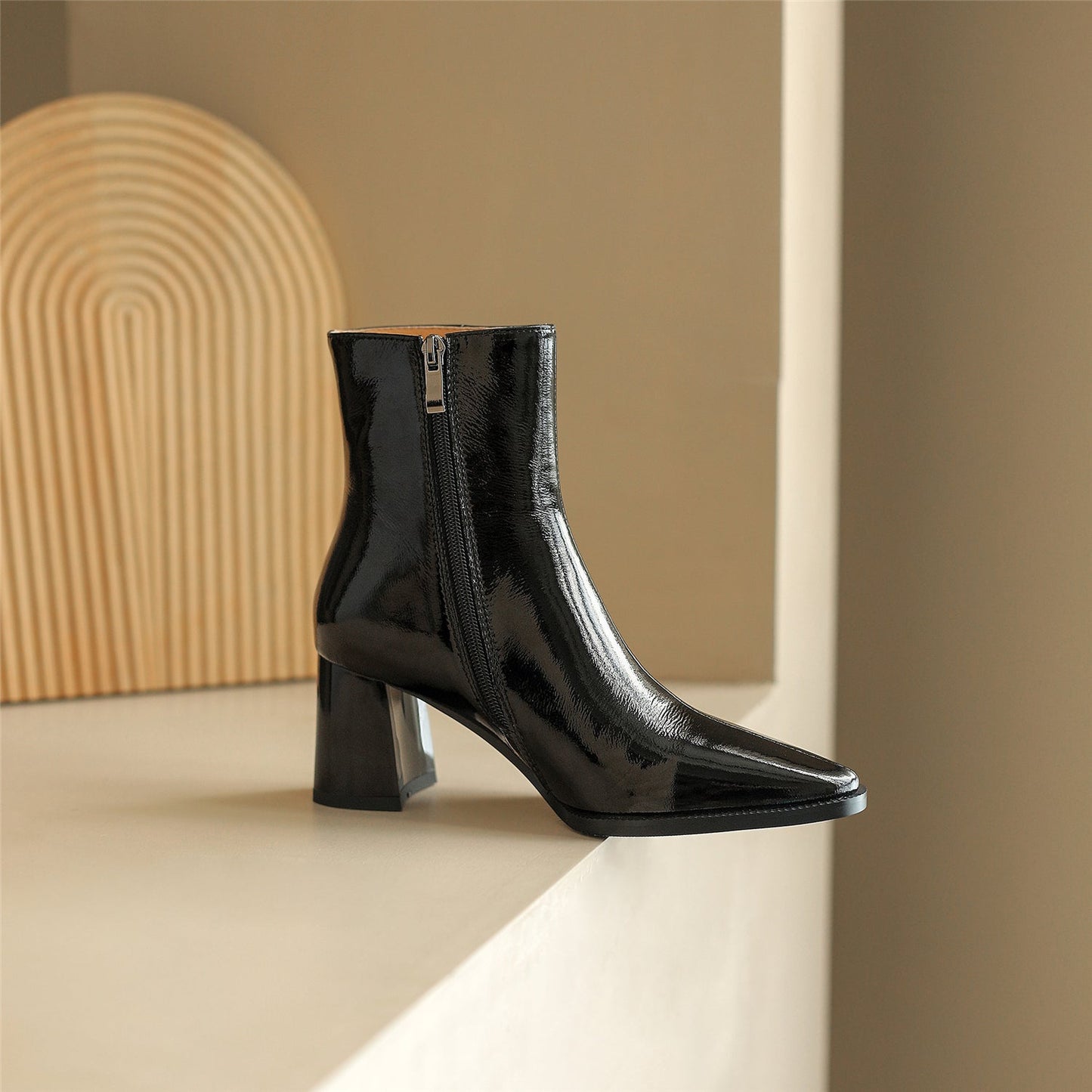 Nine Seven Women's Handmade Glossy Genuine Leather Pointed Toe Side Zipper Mid Block Heel Ankle Boots