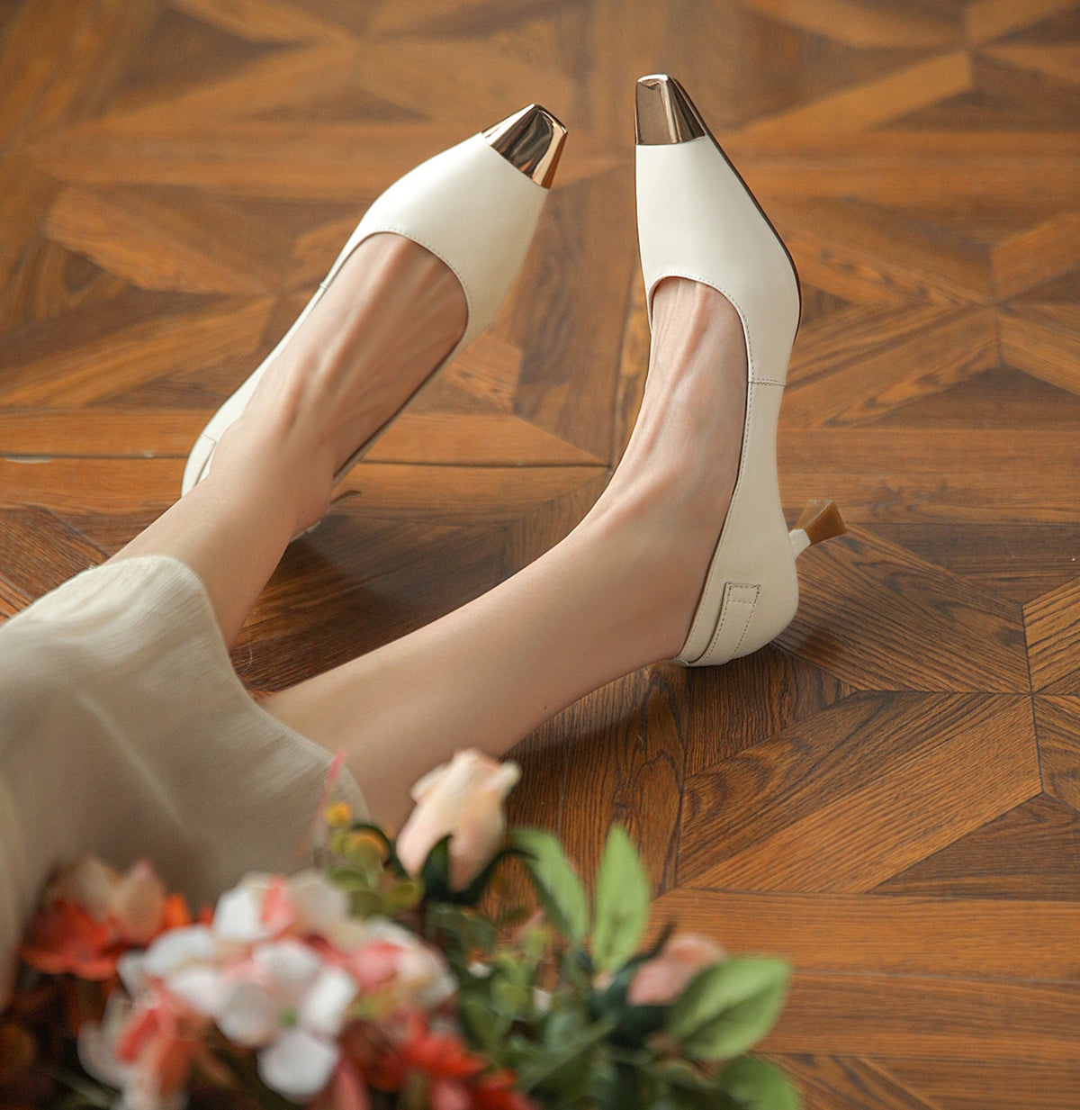 Nine Seven Genuine Leather Women's Handmade Mid Heel Metal Toe Slip On Pumps with Buckle Design