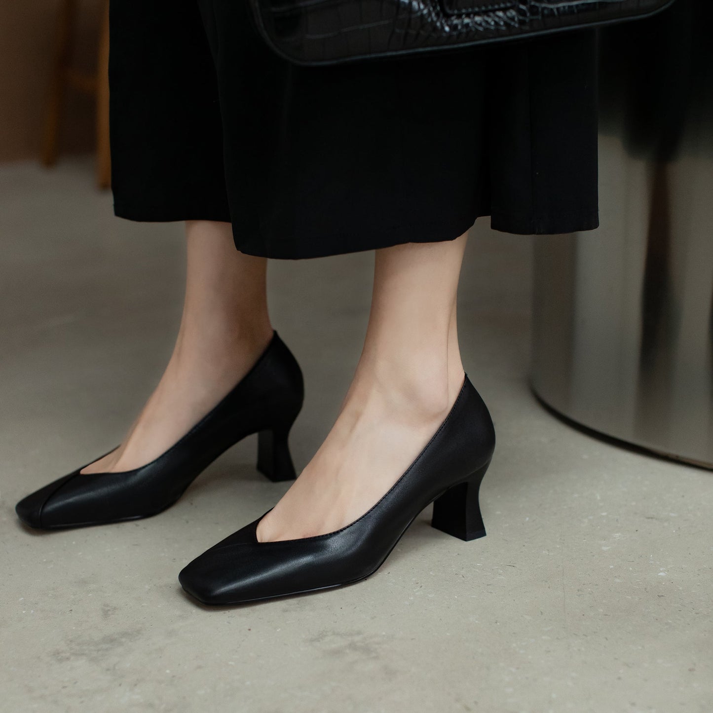 Nine Seven Genuine Leather Handmade Women's Square Toe Unique Mid Heel Slip On Comfortable Pumps