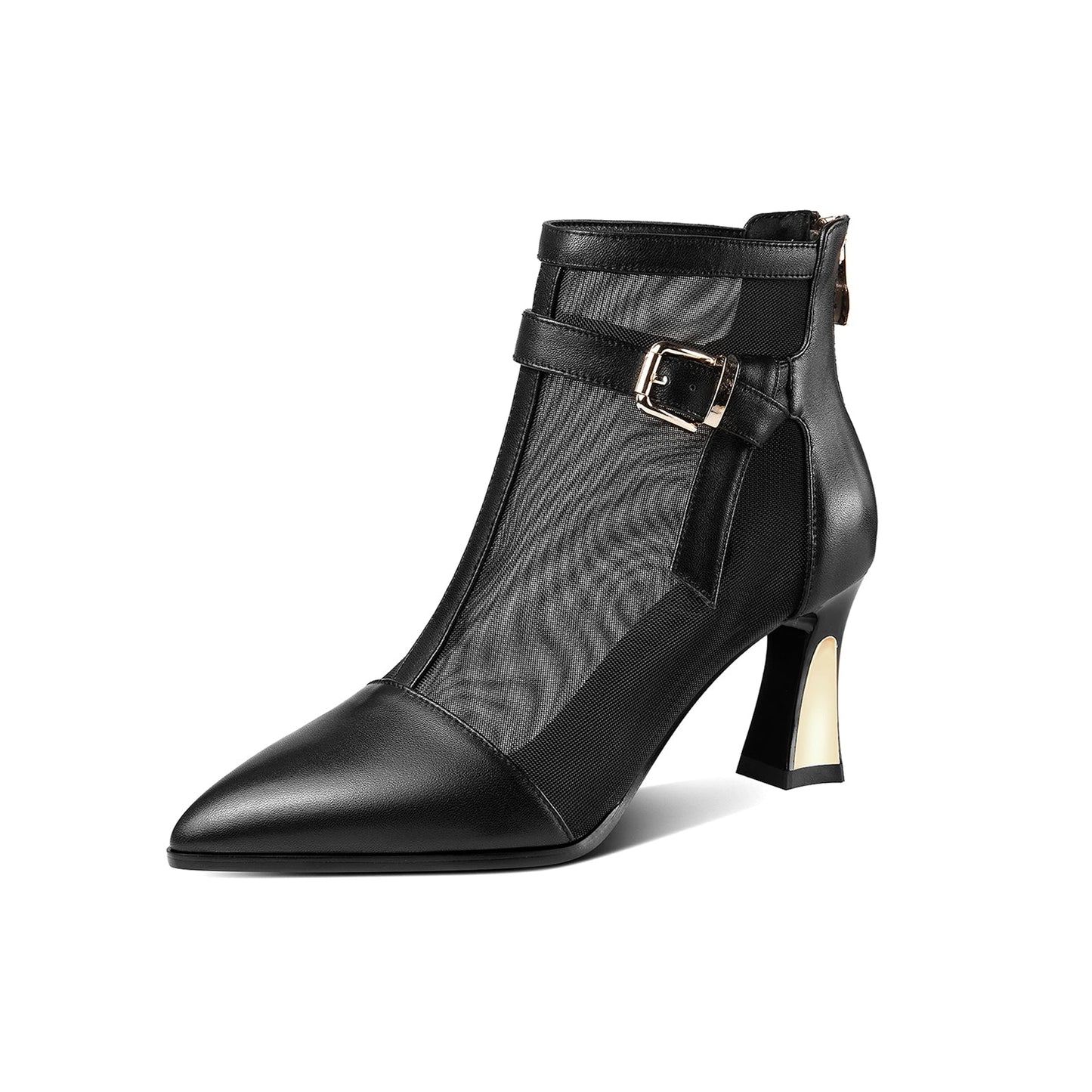 Nine Seven Women's Mesh and Genuine Leather Handmade Spool Heel Zip Up Ankle Boots with Stylish Buckle