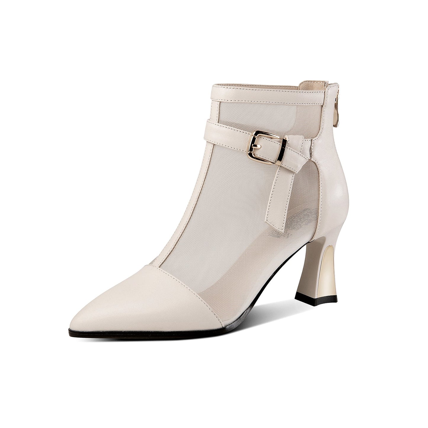 Nine Seven Women's Mesh and Genuine Leather Handmade Spool Heel Zip Up Ankle Boots with Stylish Buckle