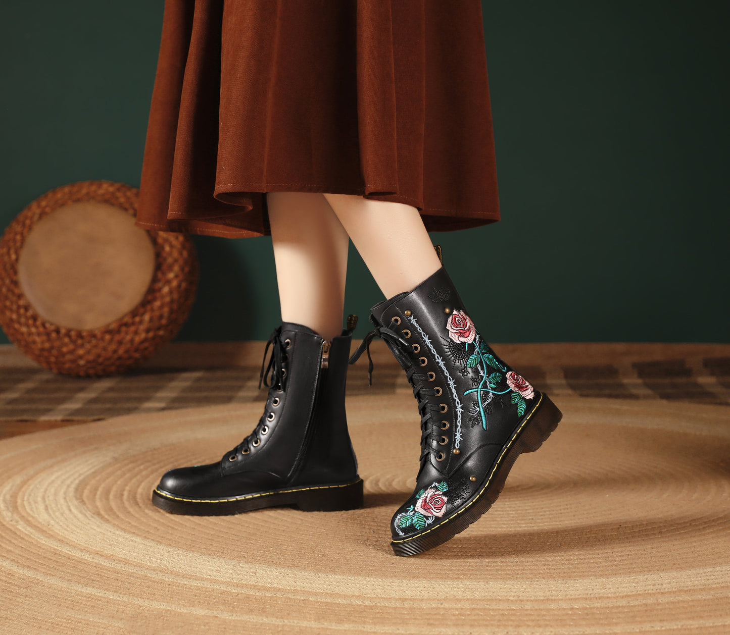 Nine Seven Handmade Women's Genuine Leather Ethnic Embroidered Floral Round Toe Low Chunky Heel Front Lace Up Combat Boots