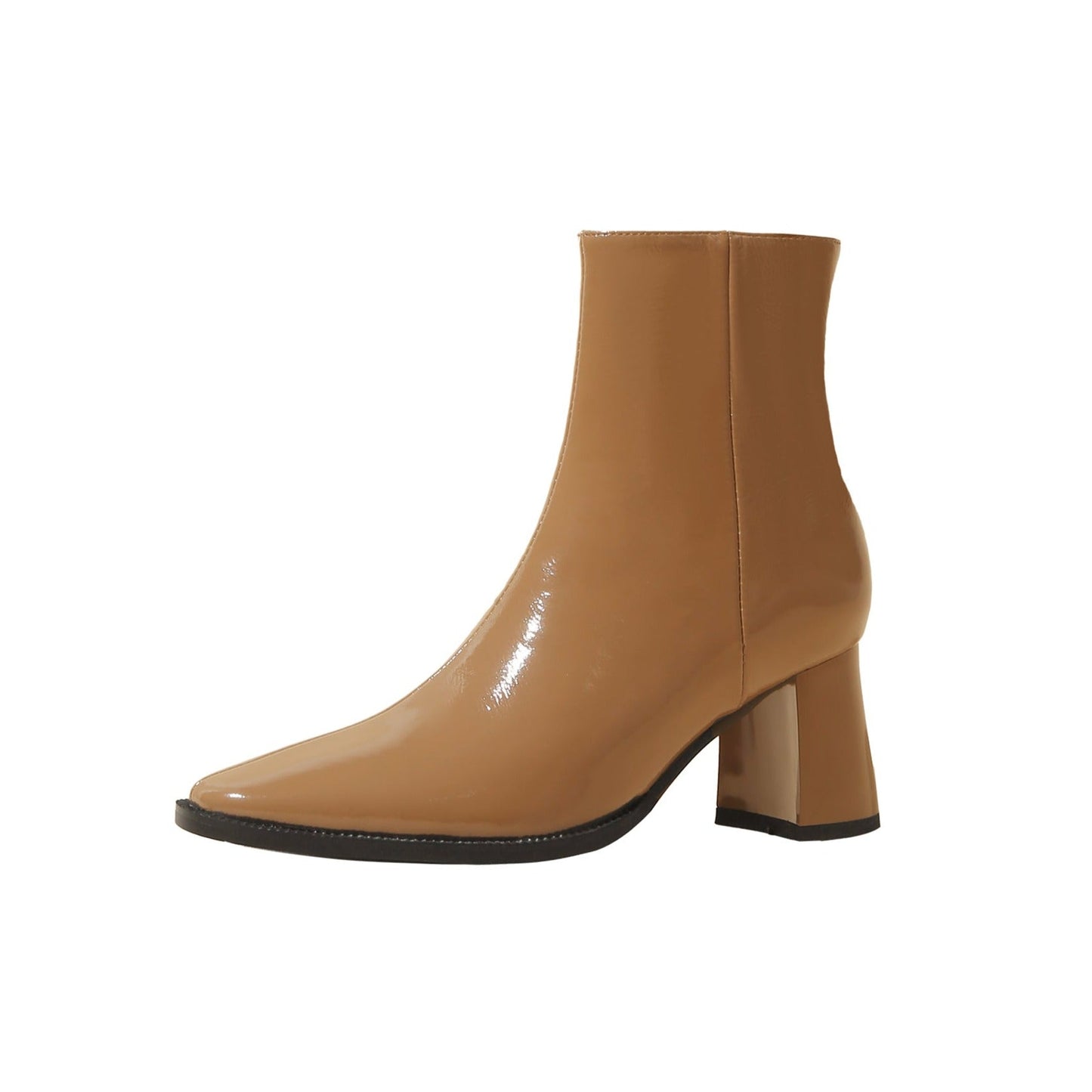 Nine Seven Women's Handmade Glossy Genuine Leather Pointed Toe Side Zipper Mid Block Heel Ankle Boots