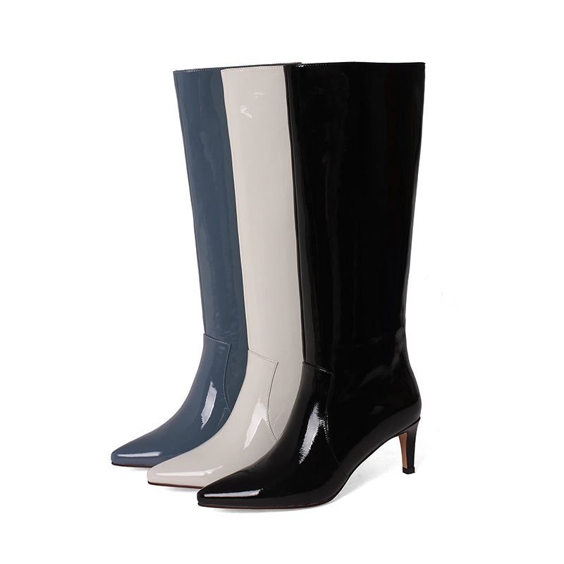 Nine Seven Women's Glossy Patent Leather Handmade Stiletto Mid Heel Pointed Toe Side Zipper Knee High Boots