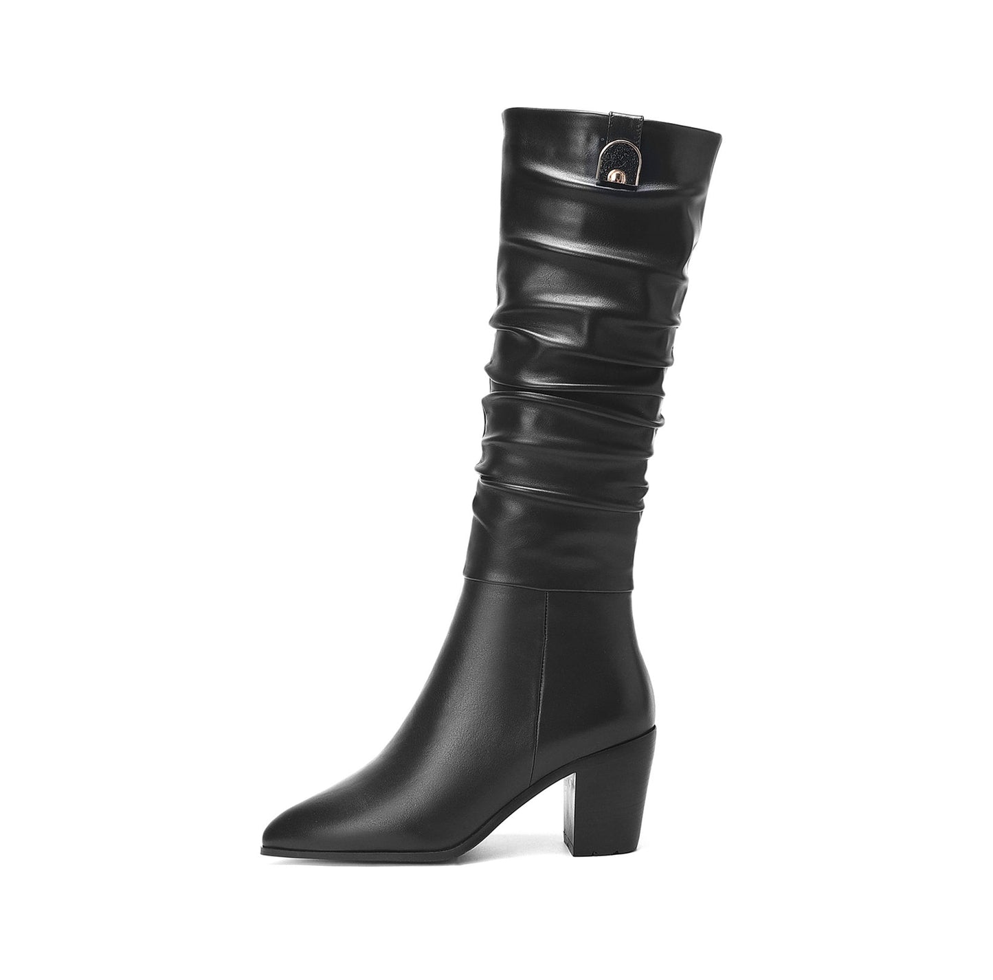 Nine Seven Women's Genuine Leather Pointed Toe Handmade Chunky Heel Zip Up Stylish Crumpled Knee High Boots