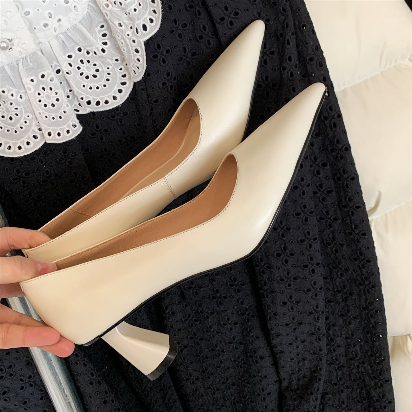 Nine Seven Women's Handmade Genuine Leather Pointed Toe Mid Heel Office Lady Slip On Pumps Shoes