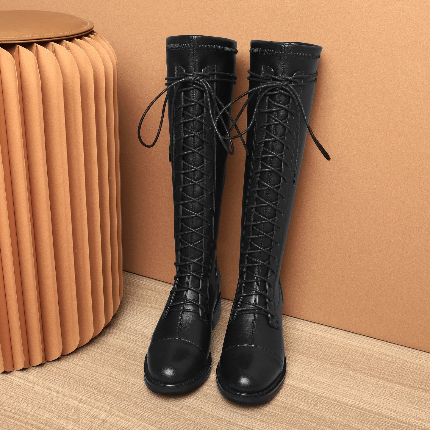 Nine Seven Women's Round Toe Genuine Leather Handmade Selftie Low Chunky Heel Cool Knee High Boots