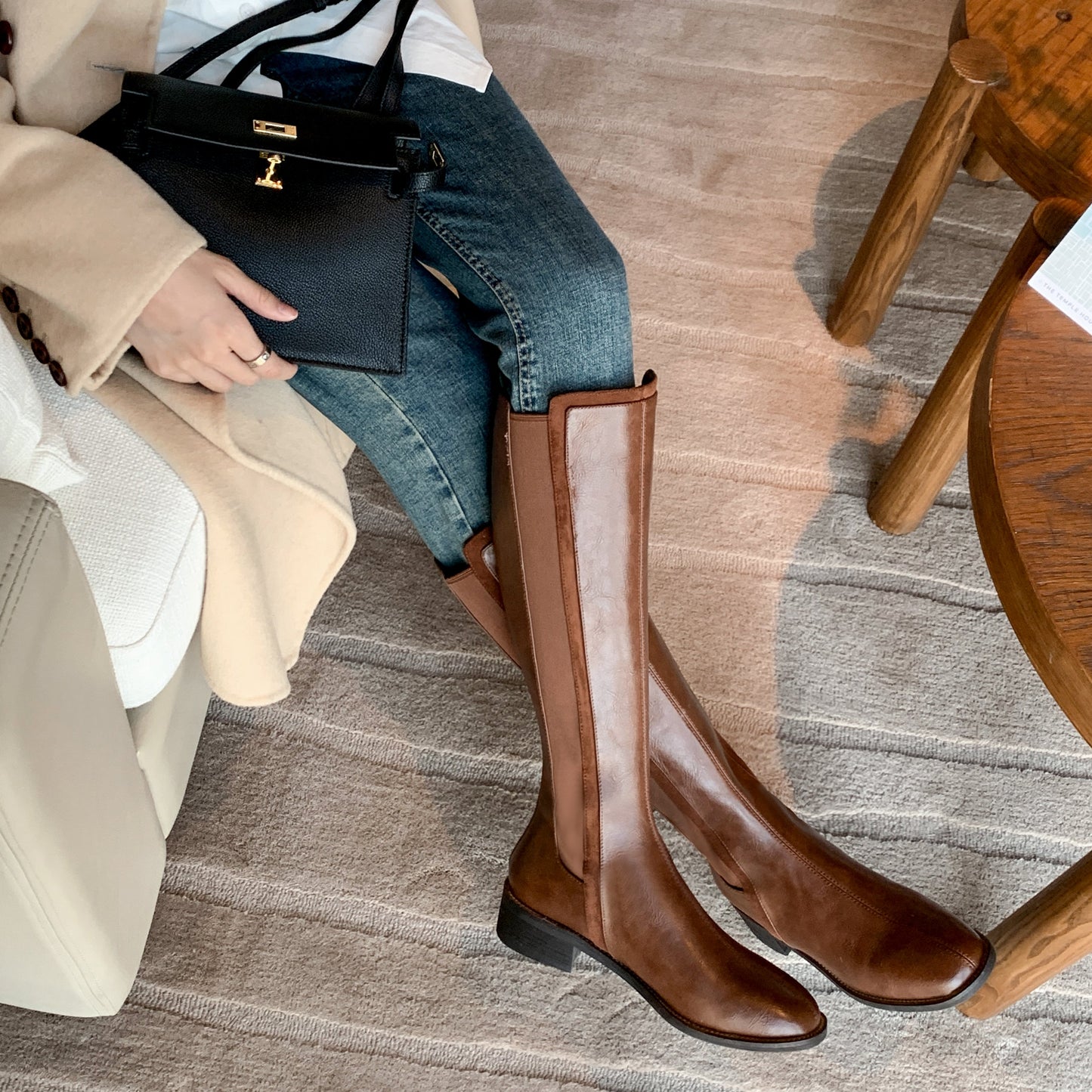 Nine Seven Women's Handmade Genuine Leather Round Toe Comfortable Low Chunky Heel Back Zip Up Knee High Riding Boots
