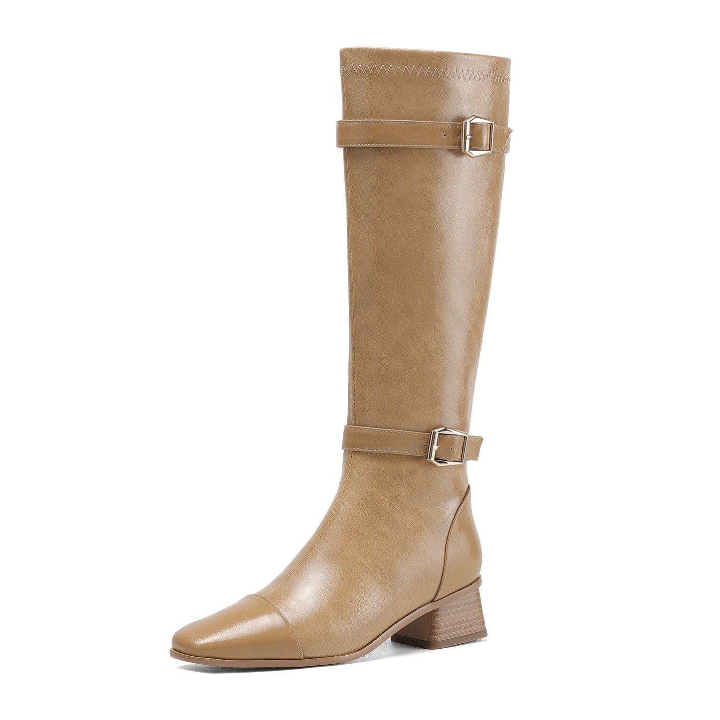 Nine Seven Women's Square Toe Genuine Leather Handmade Zipper Chunky Heels Trendy Knee High Boots with Buckles