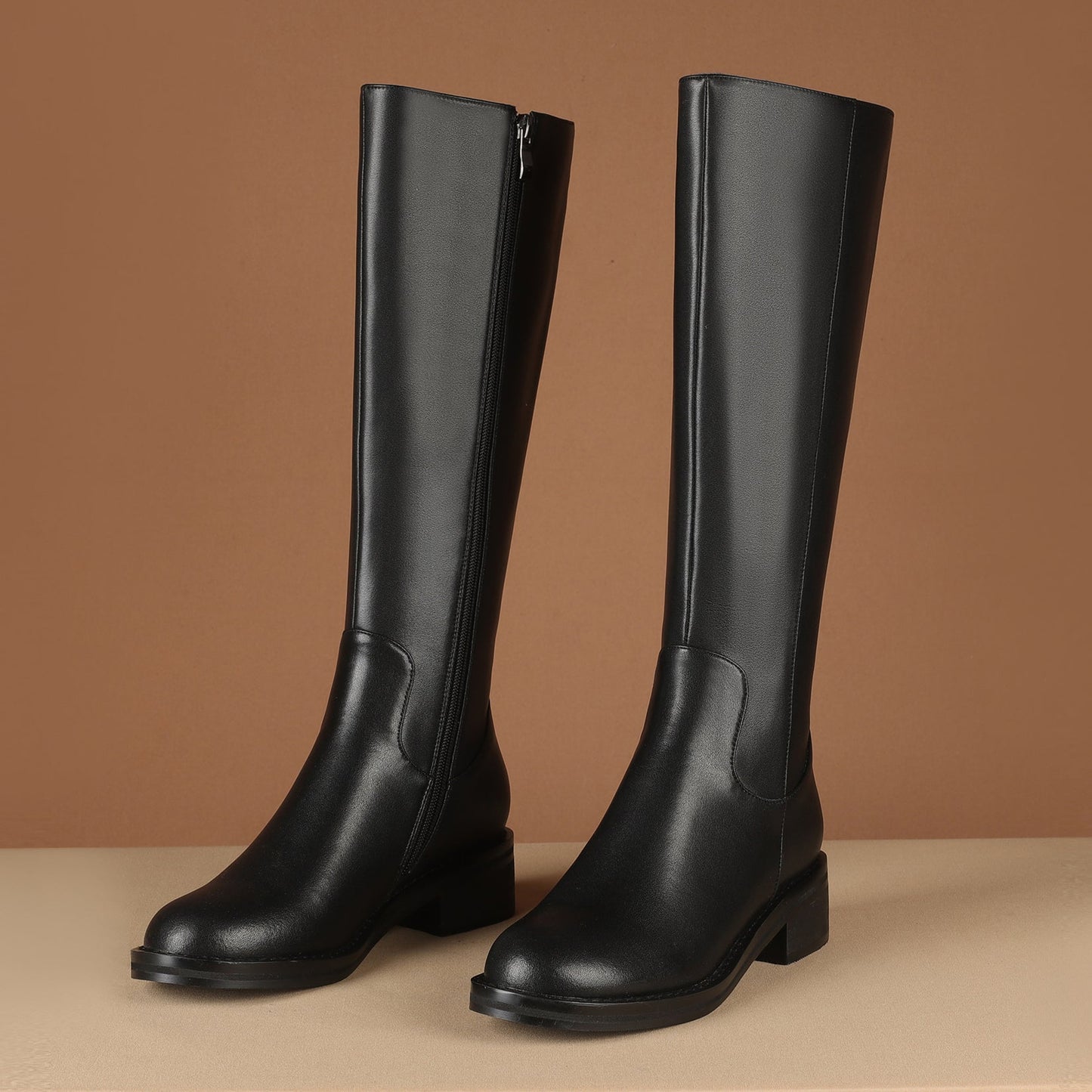 Nine Seven Round Toe Genuine Leather Handmade Side Zipper Comfort Low Chunky Heels Women's Knee High Boots