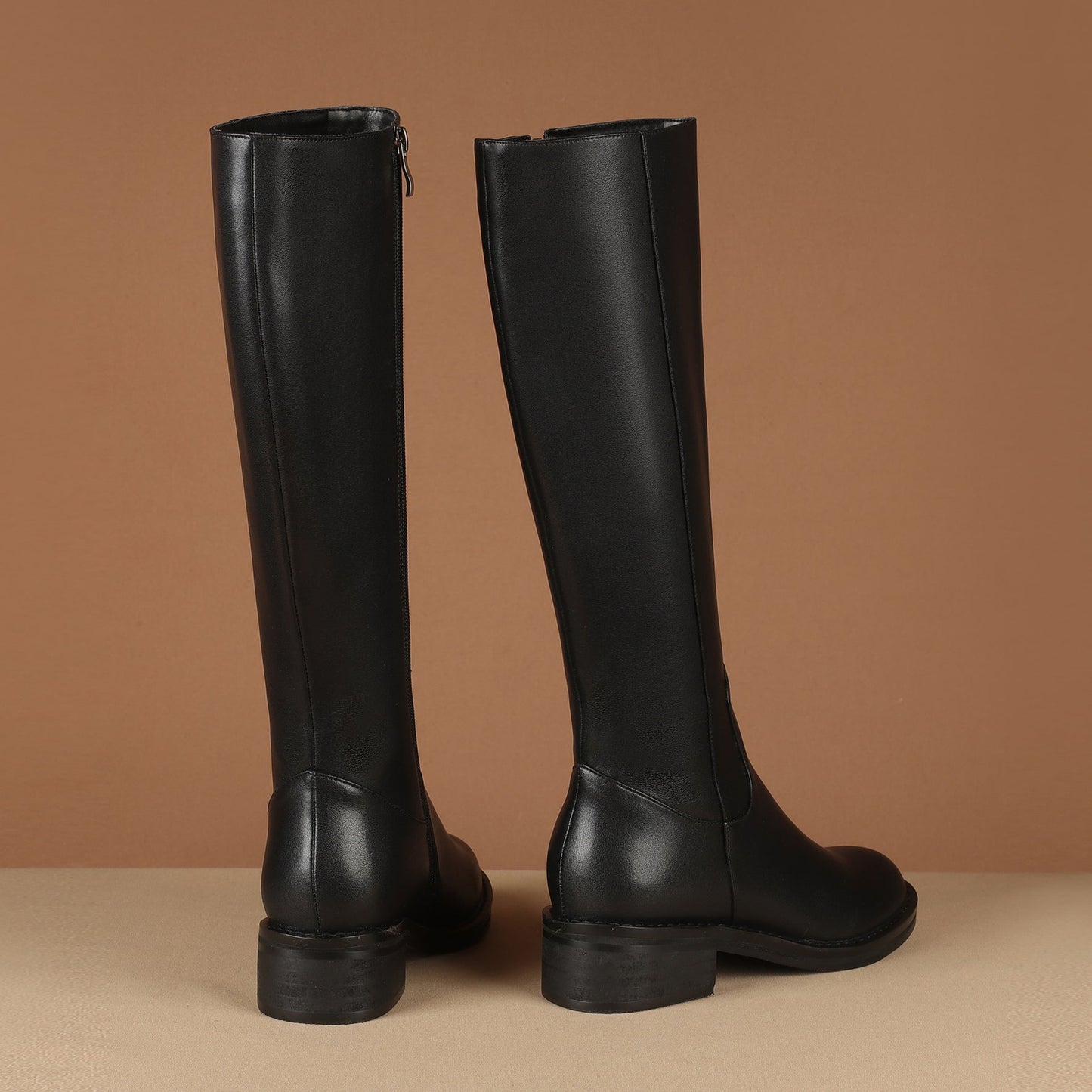 Nine Seven Round Toe Genuine Leather Handmade Side Zipper Comfort Low Chunky Heels Women's Knee High Boots