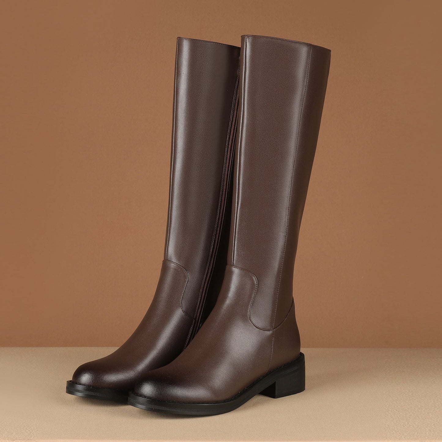 Nine Seven Round Toe Genuine Leather Handmade Side Zipper Comfort Low Chunky Heels Women's Knee High Boots
