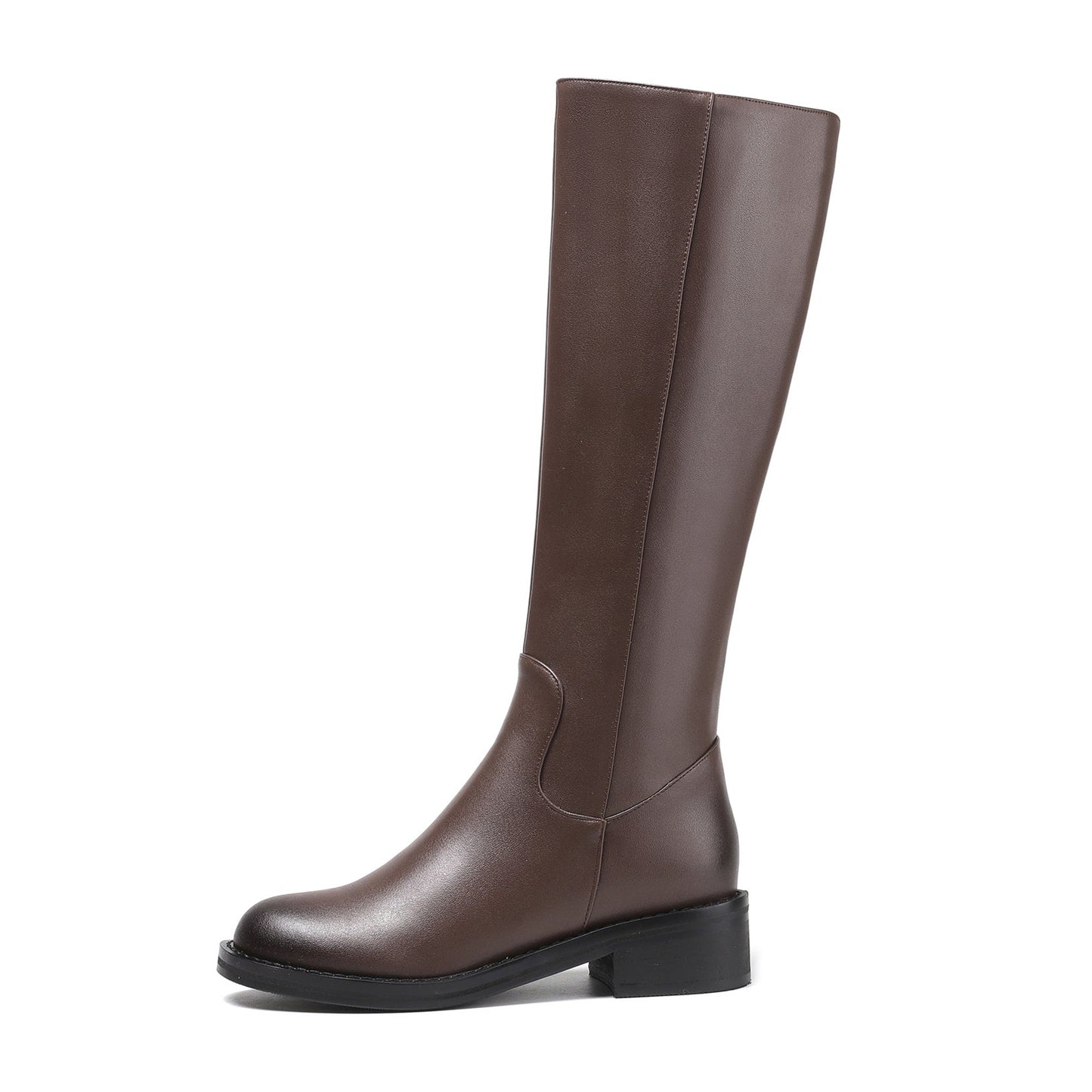 Nine Seven Round Toe Genuine Leather Handmade Side Zipper Comfort Low Chunky Heels Women's Knee High Boots