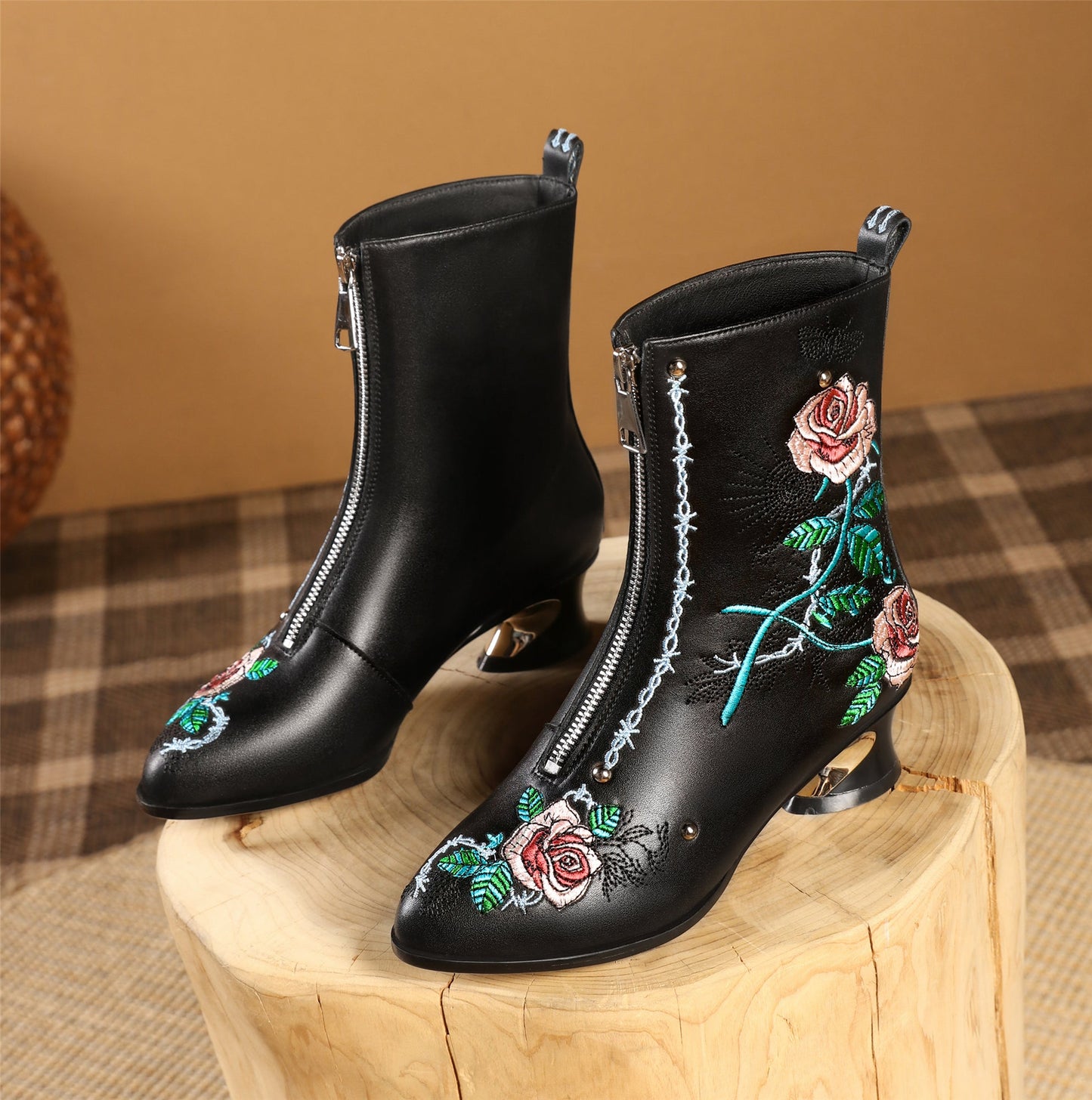 Nine Seven Handmade Women's Genuine Leather Ethnic Embroidered Floral Pointed Toe Low Chunky Heel Front Zipper Mid-Calf Boots