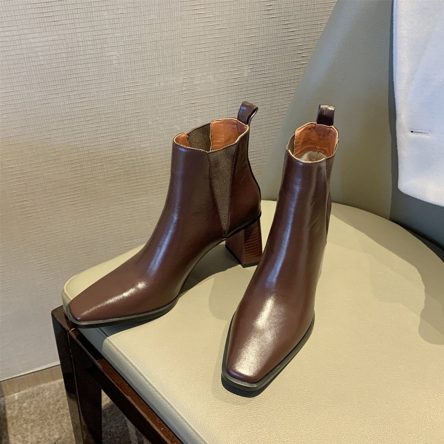 Nine Seven Women's Genuine Leather Square Toe Handmade Block Heel Elastic Slip On Vintage Ankle Boots