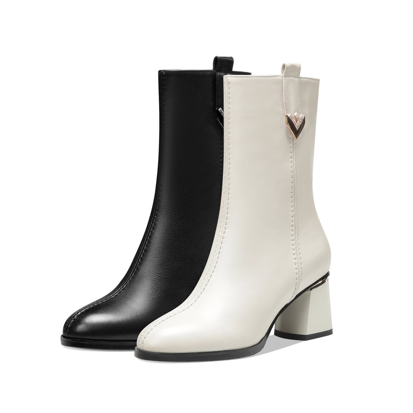 Nine Seven Women's Genuine Leather Handmade Round Toe Side Zipper Chunky Heel Stylish Mid Calf Boots