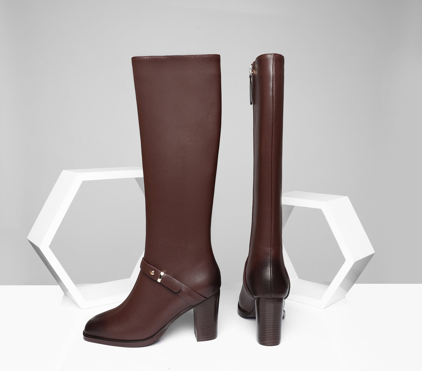 Nine Seven Women's Square Toe Handmade Genuine Leather Side Zip Buckle Mid Chunky Heel Classic Knee High Boots