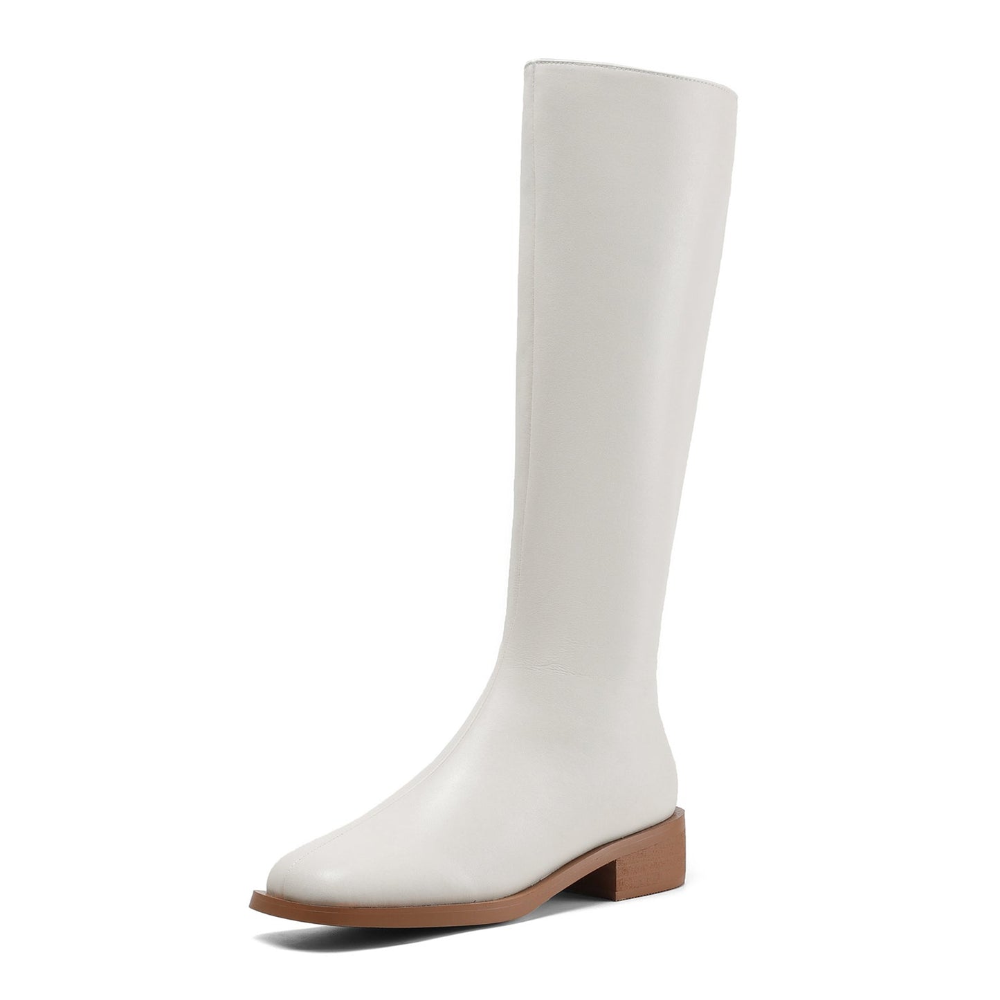 Nine Seven Women's Handmade Genuine Leather Square Toe Side Zip Up Block Heel Knee High Boots