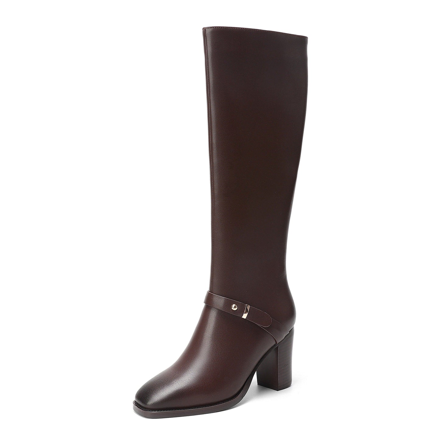 Nine Seven Women's Square Toe Handmade Genuine Leather Side Zip Buckle Mid Chunky Heel Classic Knee High Boots