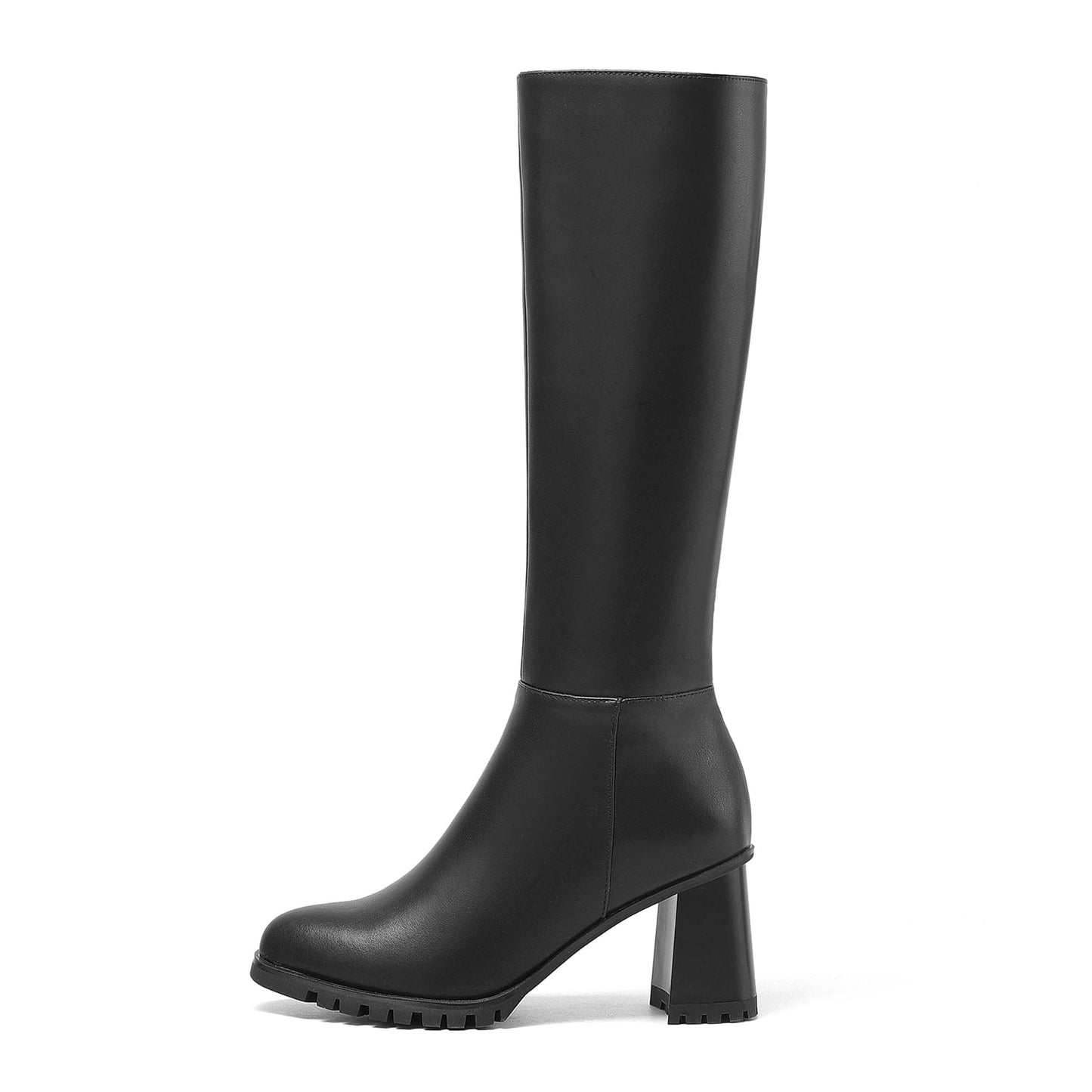 Nine Seven Women's Round Toe Genuine Leather Hnadmade High Chunky Heels Side Zip Up Knee High Boots