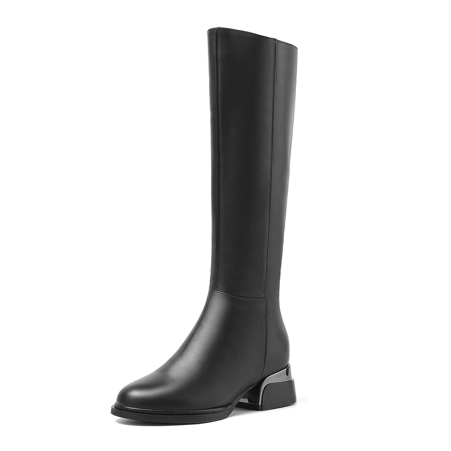 Nine Seven Women's Genuine Leather Round Toe Handmade Side Zipper Low Chunky Heels Classic Knee High Boots