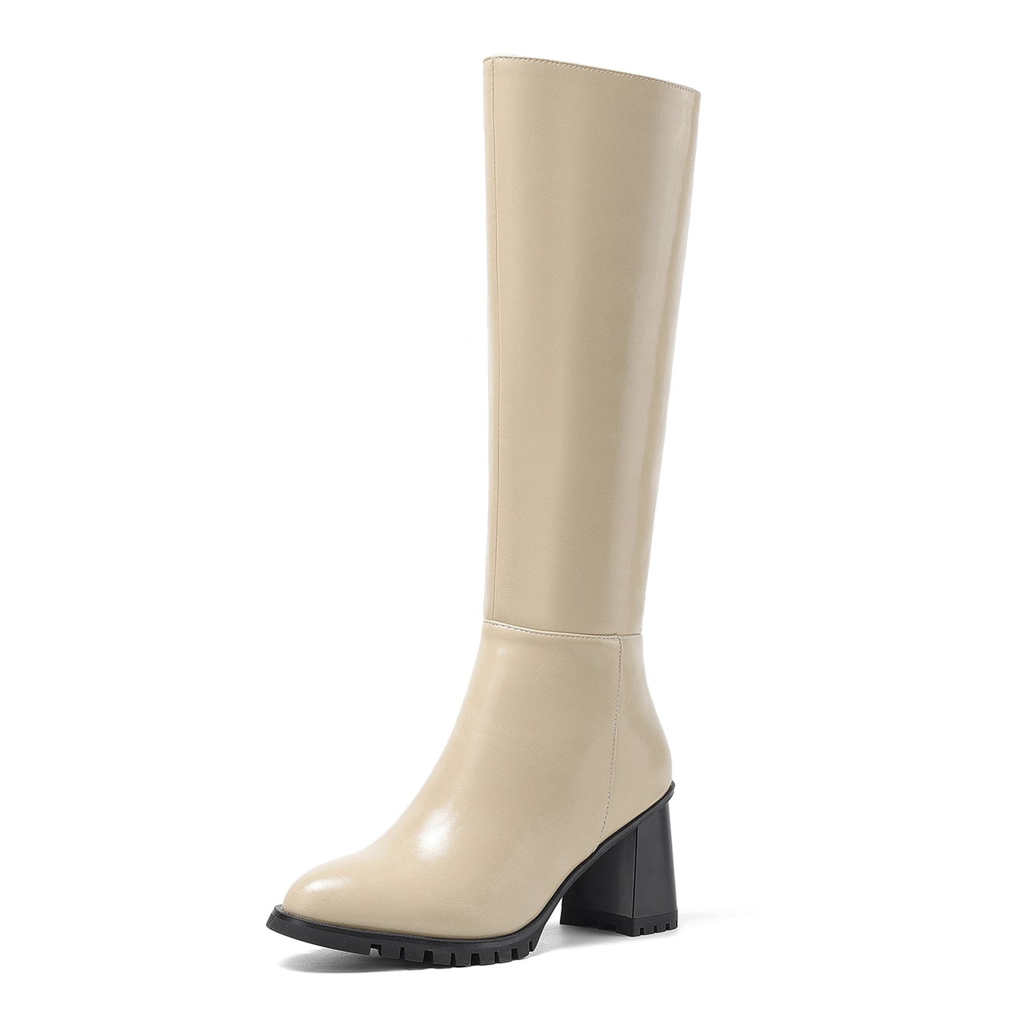 Nine Seven Women's Round Toe Genuine Leather Hnadmade High Chunky Heels Side Zip Up Knee High Boots