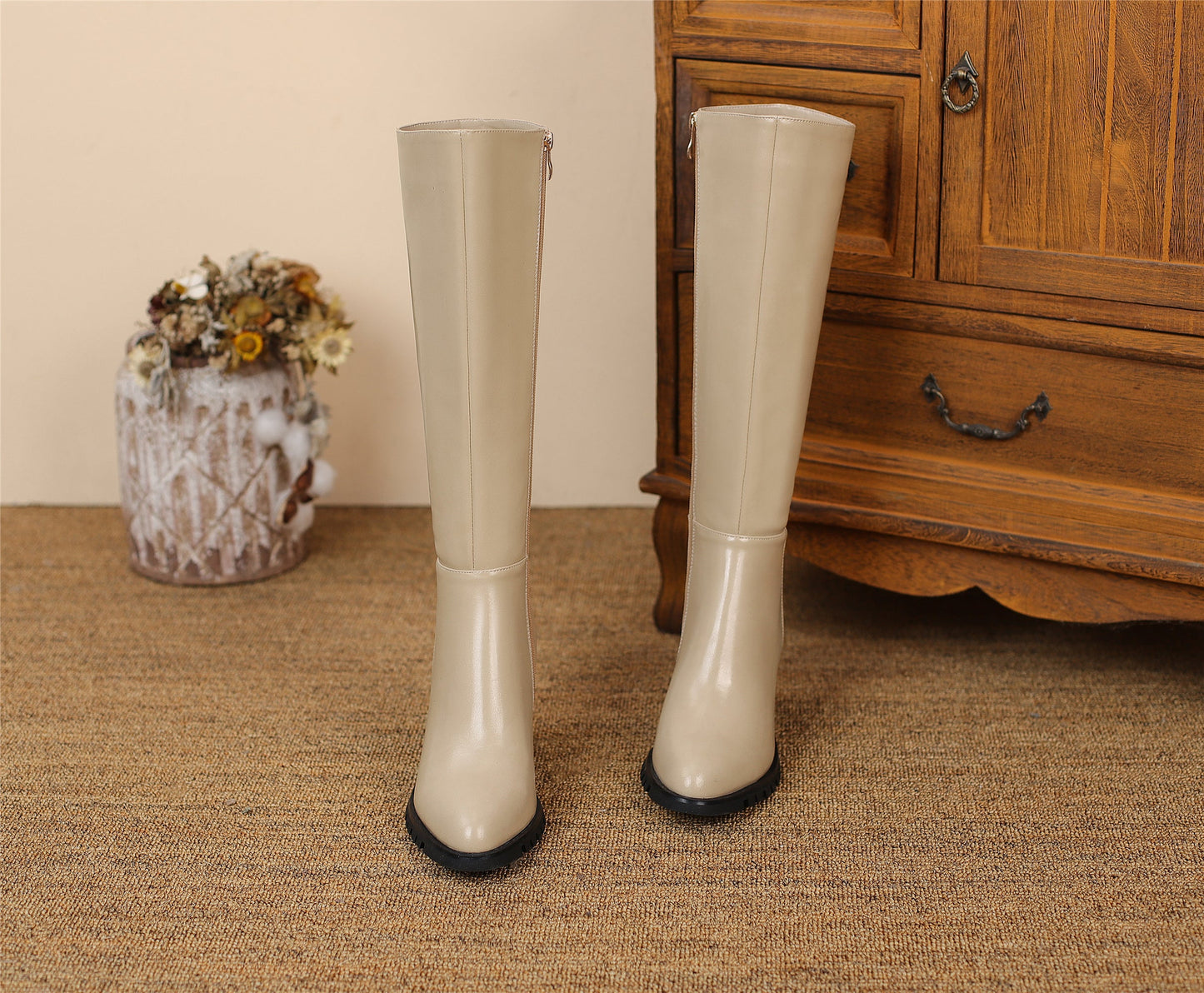 Nine Seven Women's Round Toe Genuine Leather Hnadmade High Chunky Heels Side Zip Up Knee High Boots