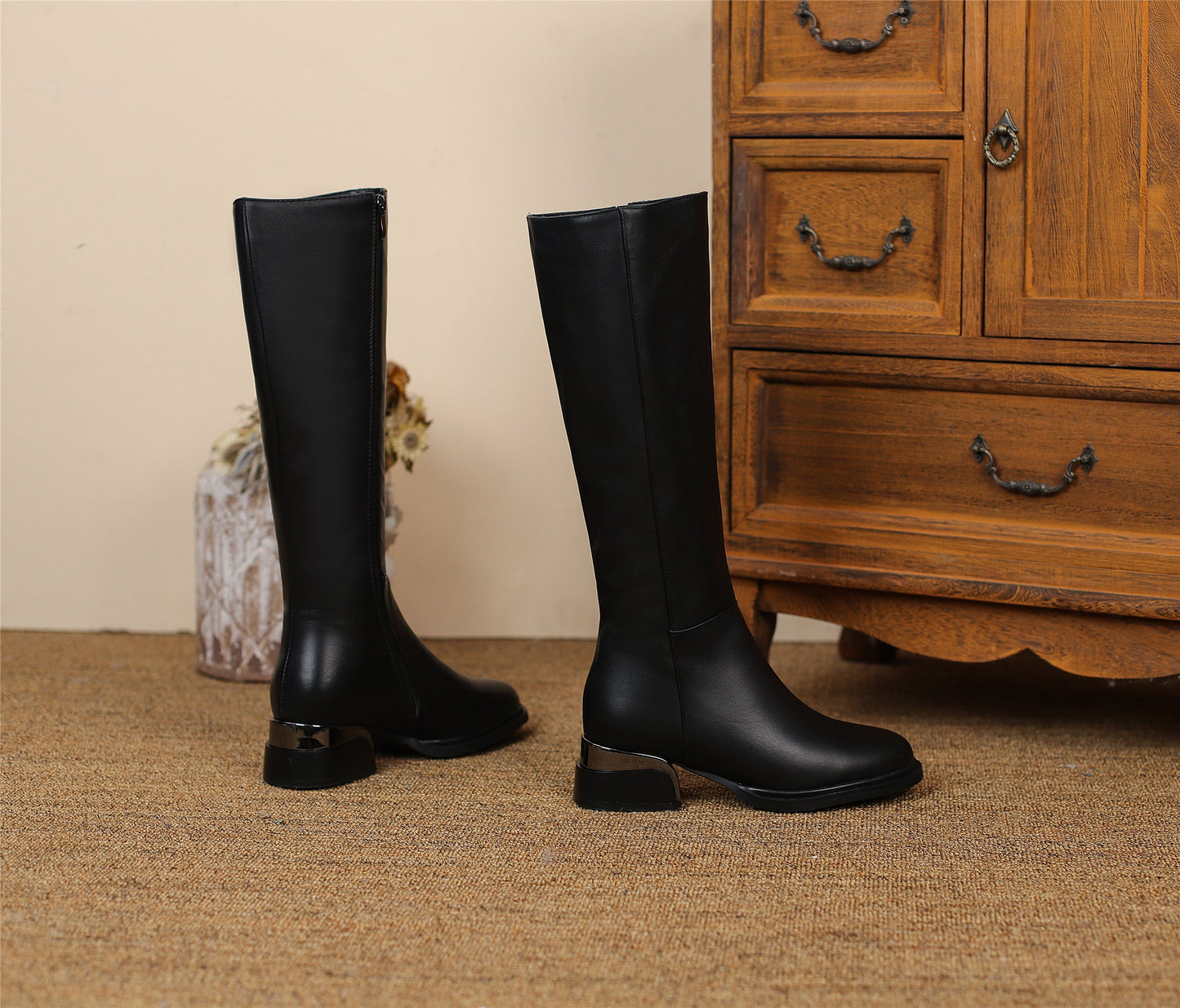 Nine Seven Women's Genuine Leather Round Toe Handmade Side Zipper Low Chunky Heels Classic Knee High Boots