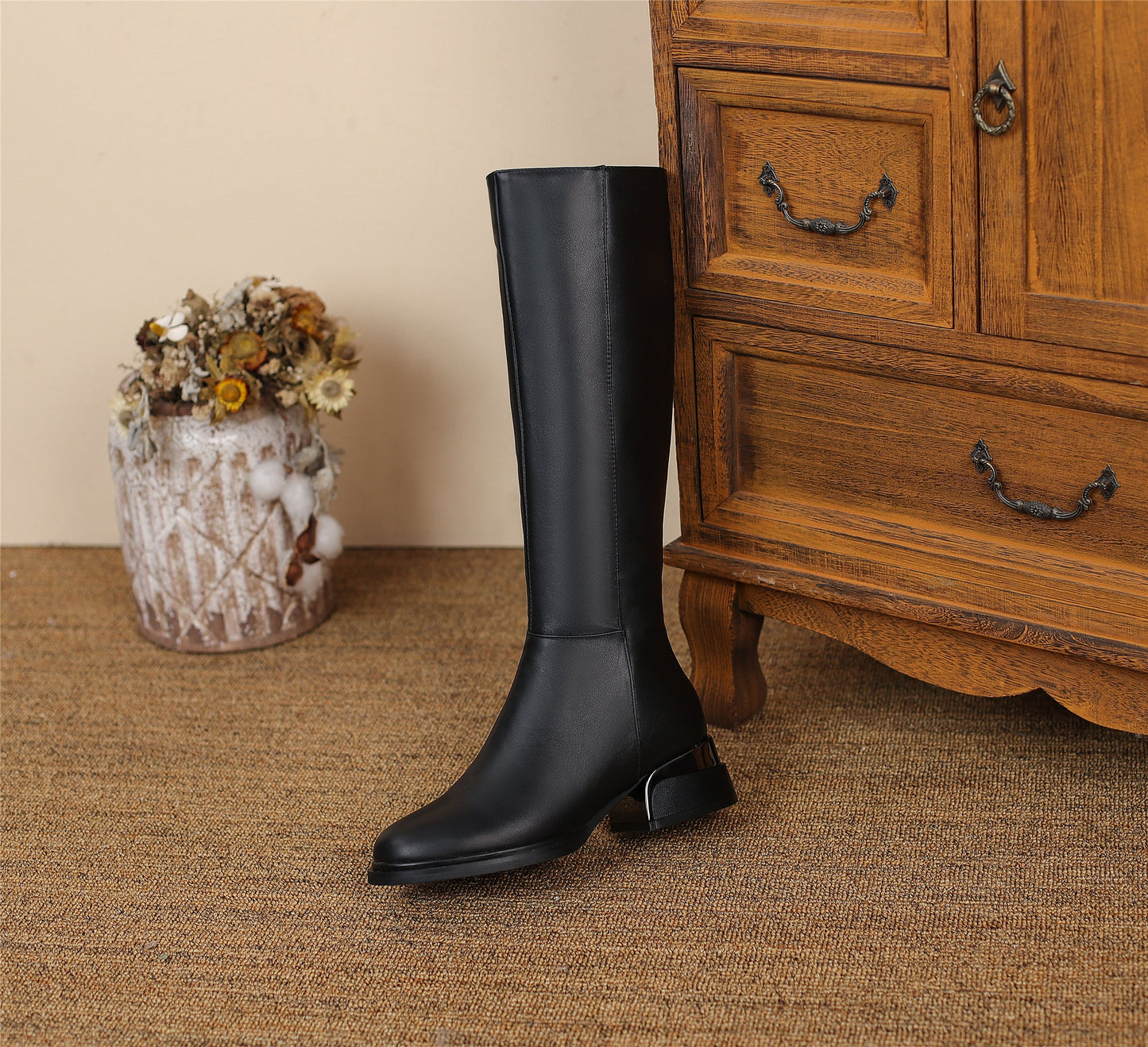 Nine Seven Women's Genuine Leather Round Toe Handmade Side Zipper Low Chunky Heels Classic Knee High Boots
