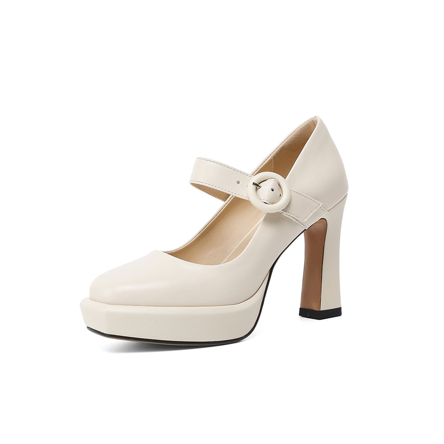 Nine Seven Women's Genuine Leather Square Toe Handmade Platform Buckle Belt High Chunky Heels Stylish Pumps