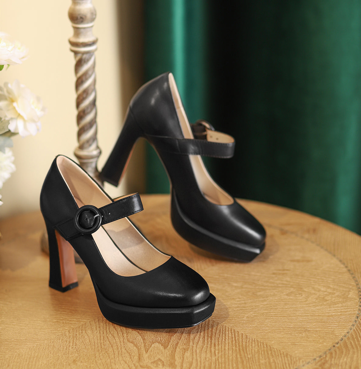 Nine Seven Women's Genuine Leather Square Toe Handmade Platform Buckle Belt High Chunky Heels Stylish Pumps