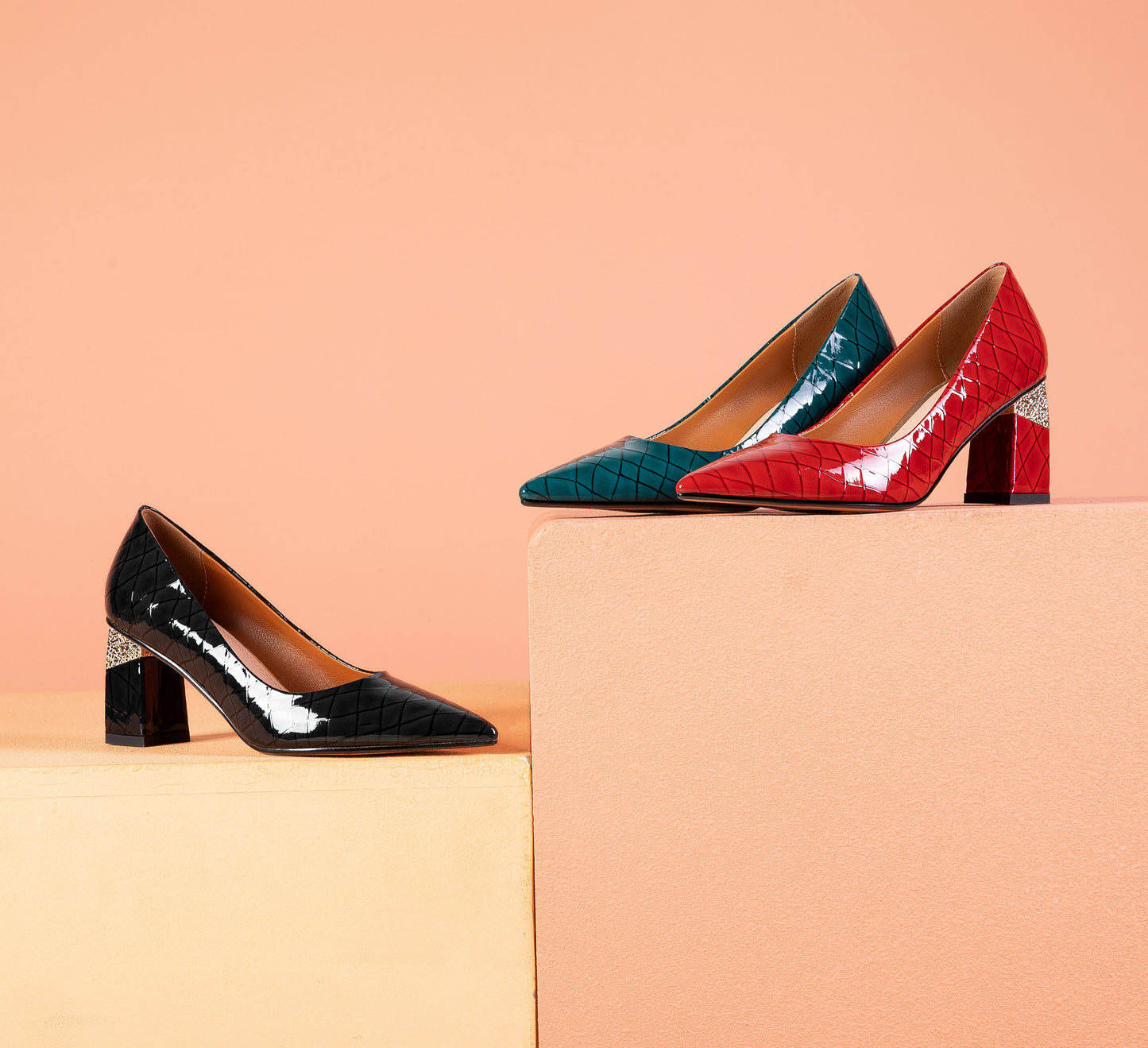 Nine Seven Women's Glossy Patent Leather Handmade Clear Pointed Toe Mid Chunky Heel Slip On Modern Pumps with Attractive Pattern