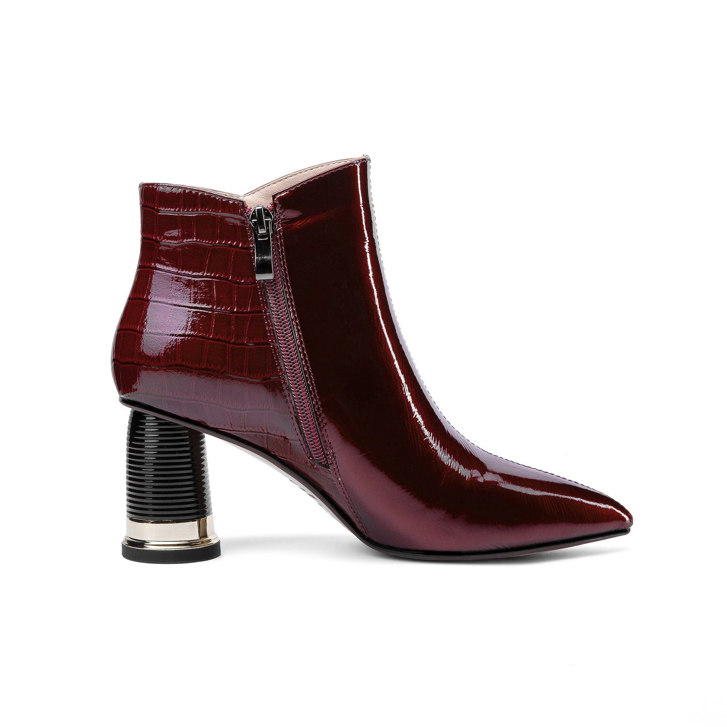 Nine Seven Women's Patent Leather Handmade Pointed Toe Side Zip Up Stylish Cylindrical Mid Heel Ankle Boots