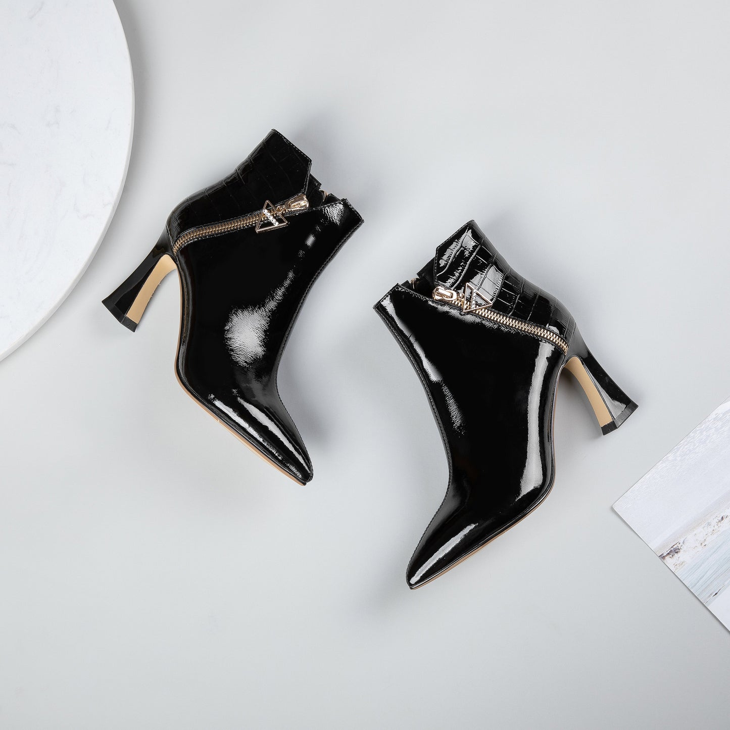 Nine Seven Women's Handmade Patent Leather Pointed Toe High Heel Side Zip Up Glossy Plus Size Ankle Booties