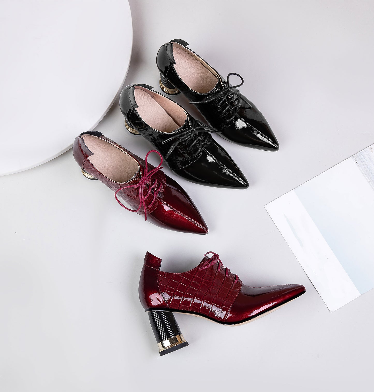 Nine Seven Women's Handmade Patent Leather Pointed Toe Mid Cylindrical Heel Lace Up Stylish Plus-Size Pump Shoes