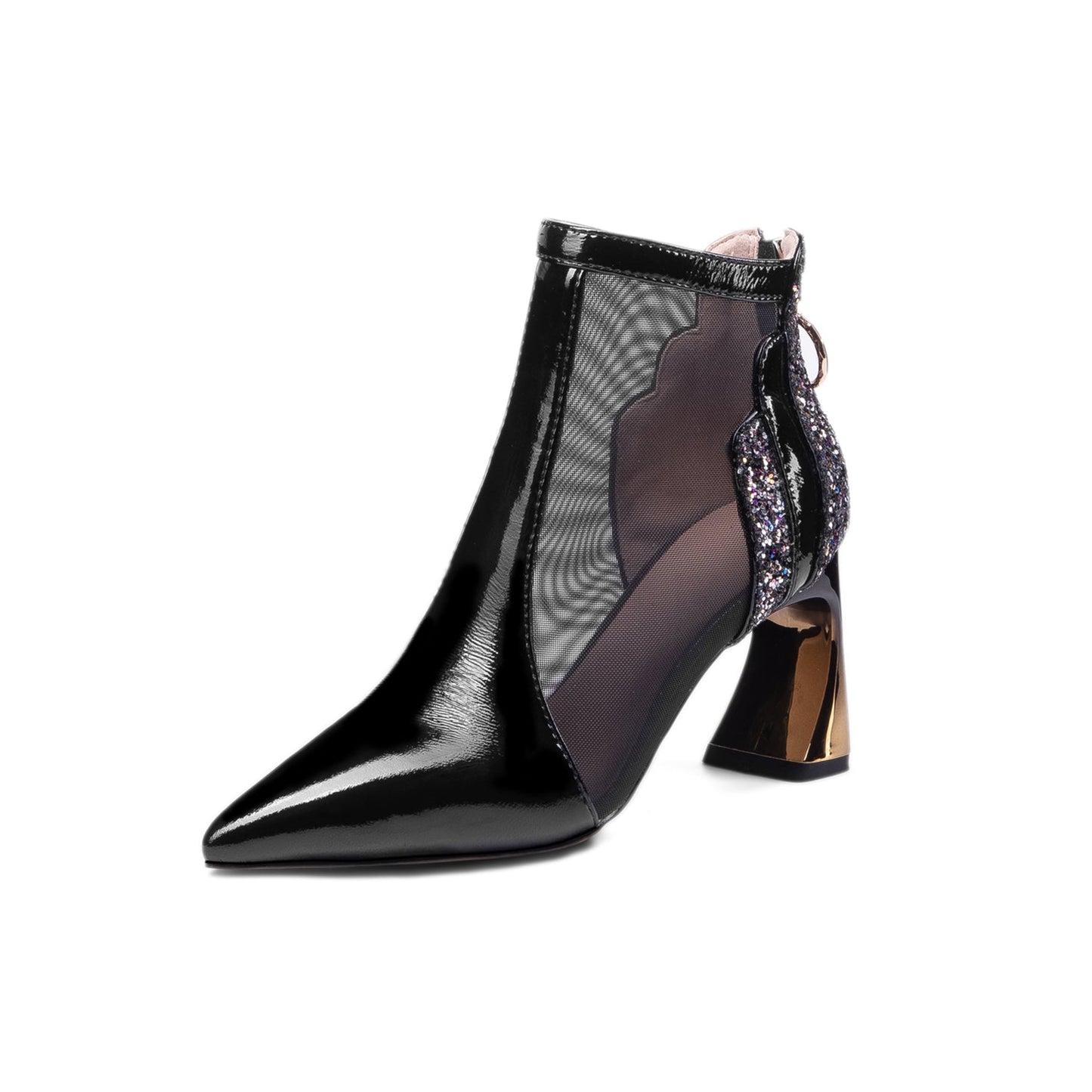 Nine Seven Women's Patent Leather Handmade Mesh Pointed Toe Back Zip Up High Spool Heel Elegant Glitter Summer Booties