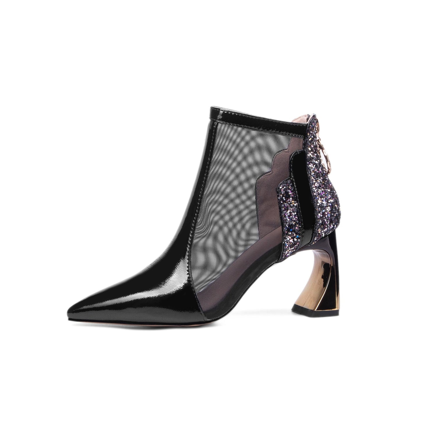 Nine Seven Women's Patent Leather Handmade Mesh Pointed Toe Back Zip Up High Spool Heel Elegant Glitter Summer Booties