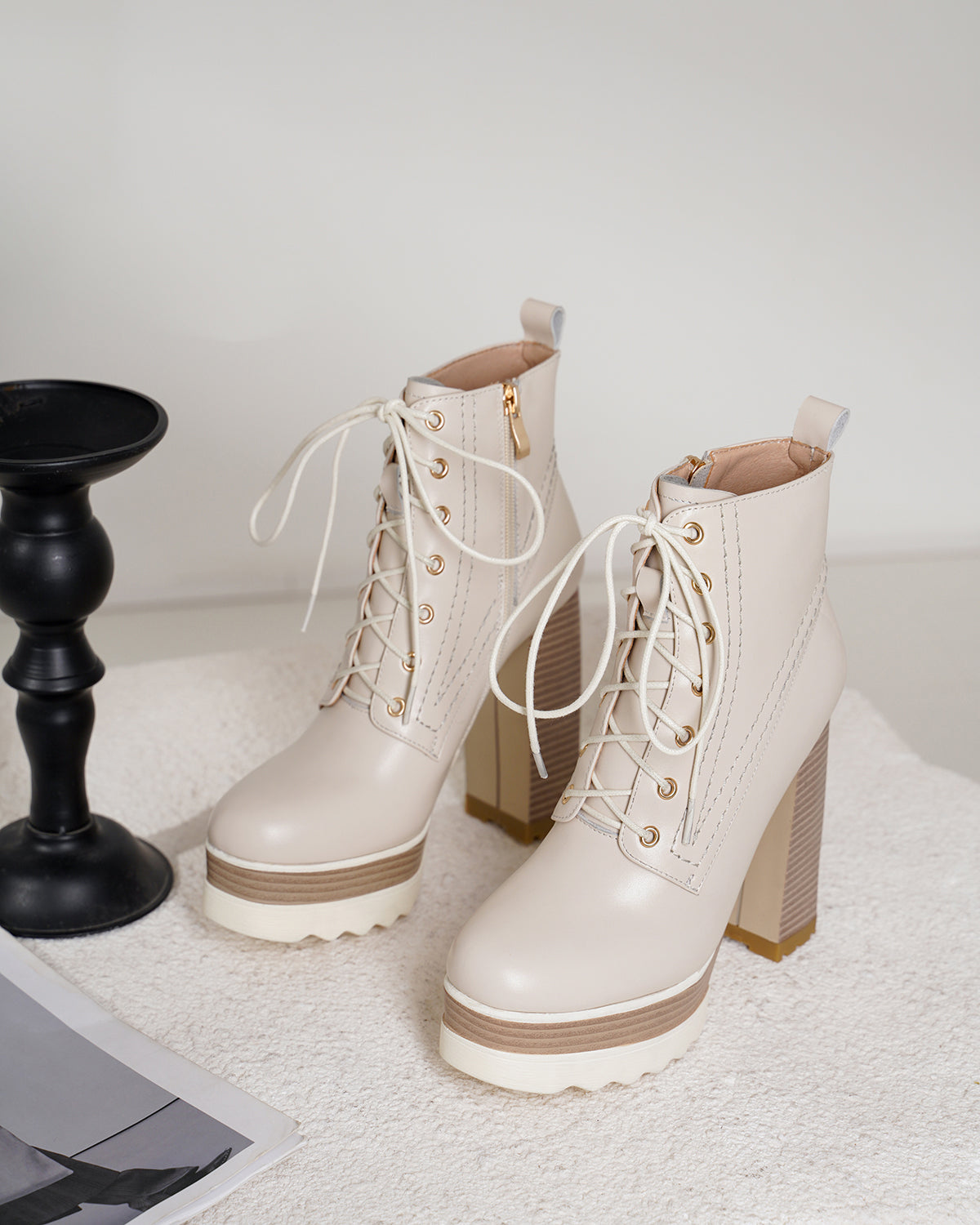 Nine Seven Genuine Leather Round Toe Handmade Lace Up Side Zipper High Chunky Heel Women's Cool Ankle Boots with Platform