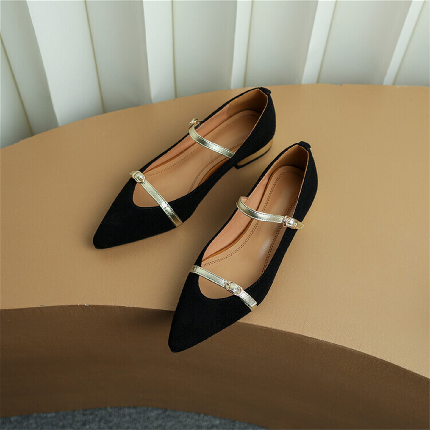 Nine Seven Women's Pointed Toe Suede Leather Handmade Buckles Casual Mary Jane Shoes with Low Chunky Heels