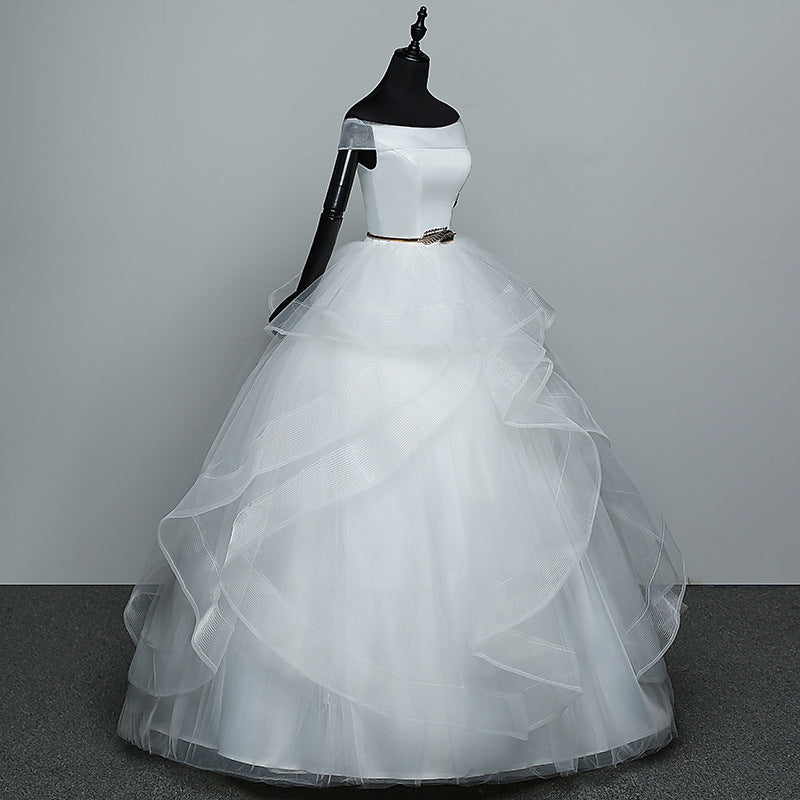 Nine Seven Ruffle Lace Golden Leaves Belt Off Shoulder Lace Up A-Line Floor Train Wedding Dress