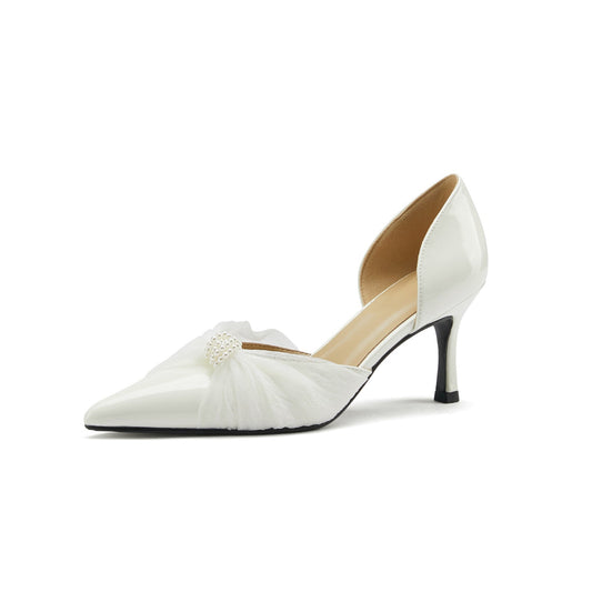 Nine Seven Patent Leather Handmade Women's Slip On Pointed Toe Mid Heel Pearl Bow Weeding Shoes