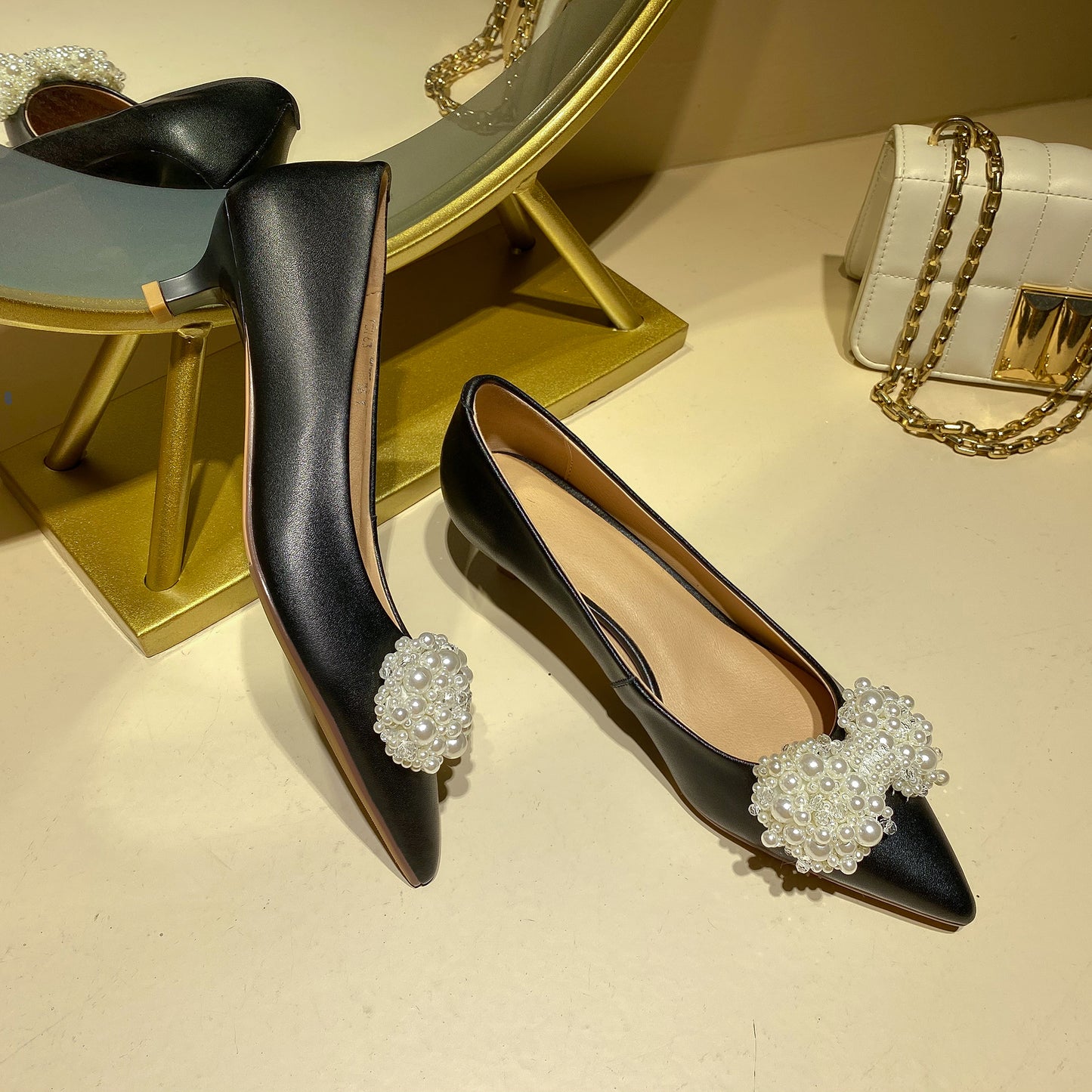 Nine Seven Genuine Leather Handmade Women's Pearl Bowknot Kitten Heel Weeding Pumps Shoes